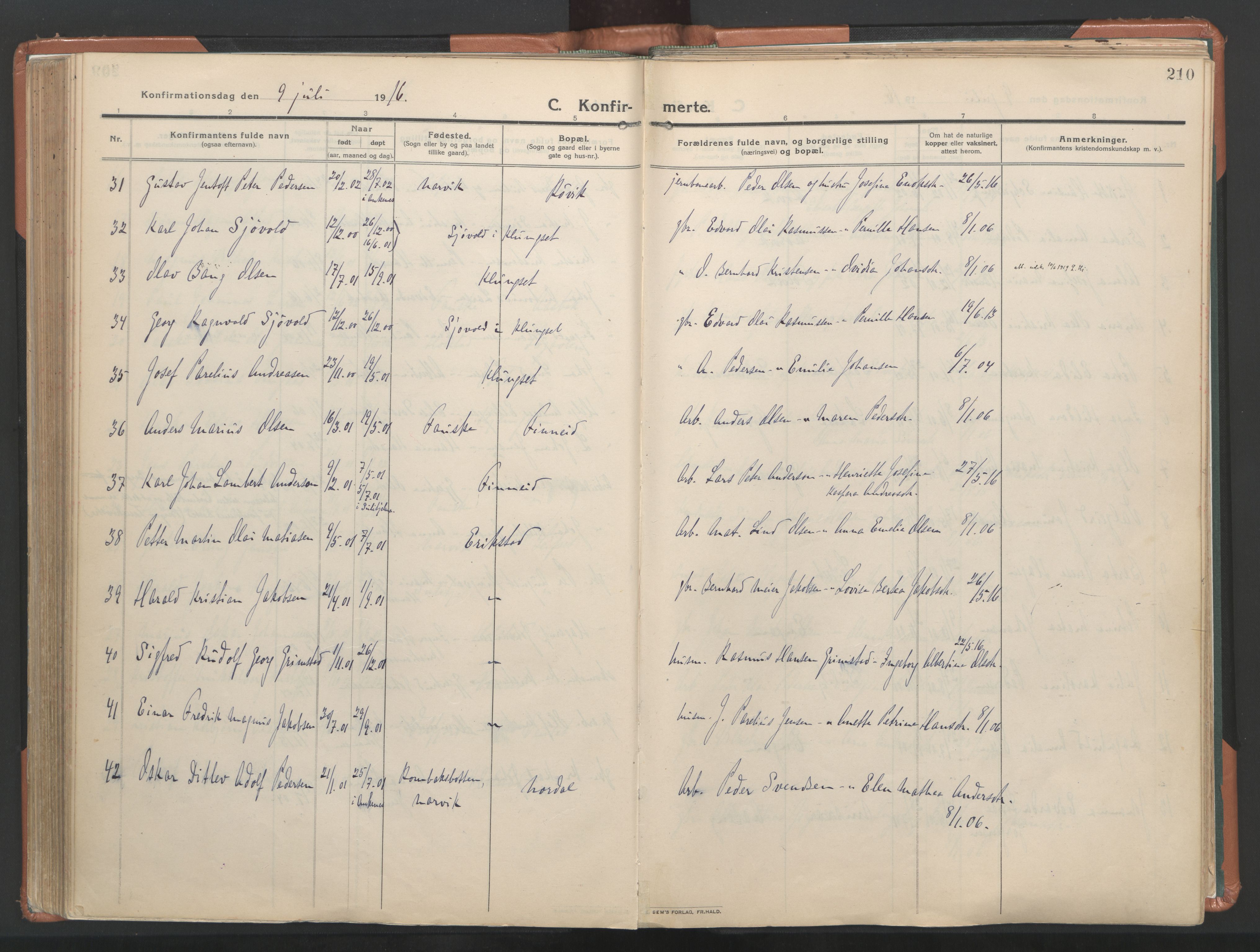 Ministerialprotokoller, klokkerbøker og fødselsregistre - Nordland, AV/SAT-A-1459/849/L0698: Parish register (official) no. 849A09, 1911-1924, p. 210