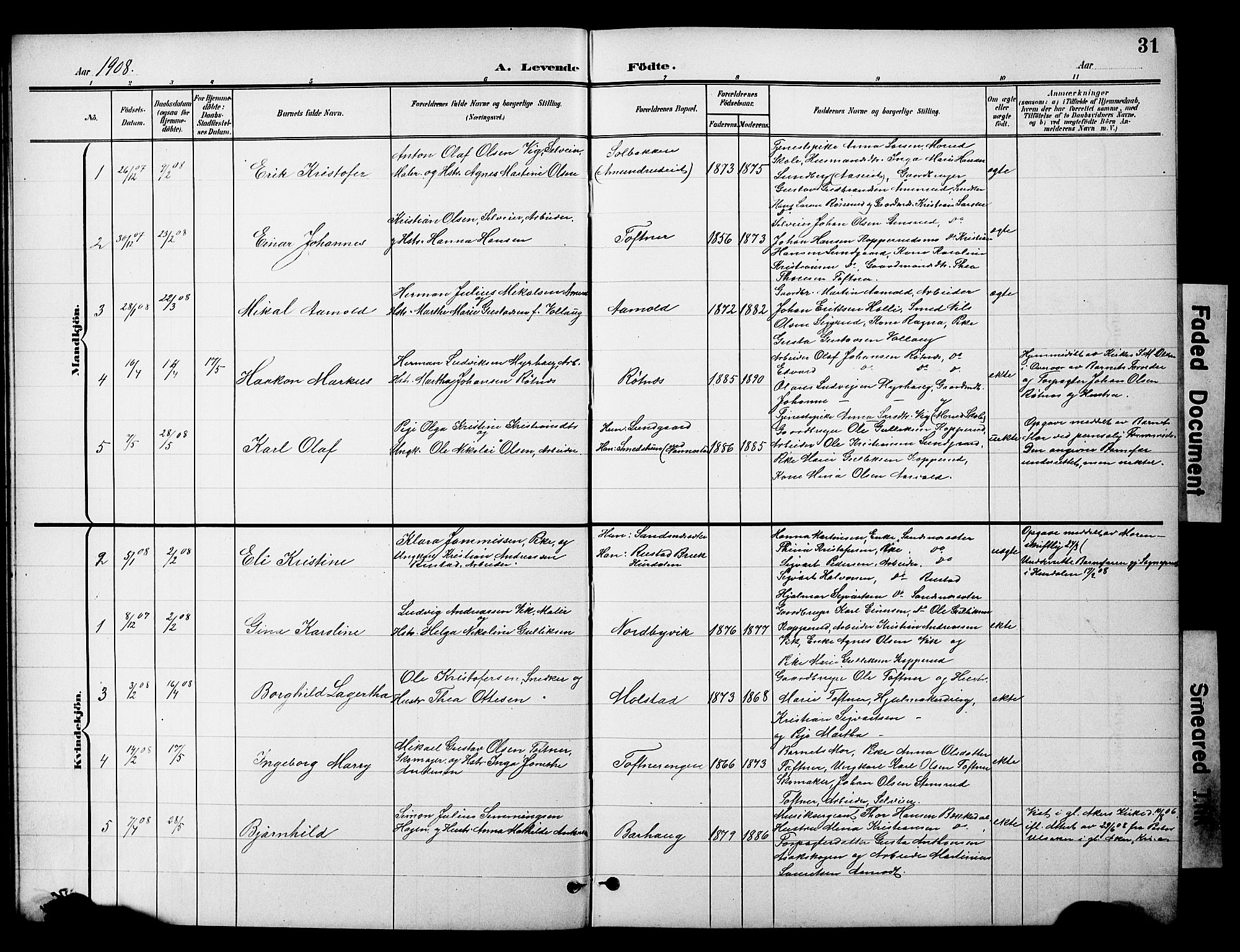 Nannestad prestekontor Kirkebøker, SAO/A-10414a/G/Gc/L0001: Parish register (copy) no. III 1, 1901-1916, p. 31
