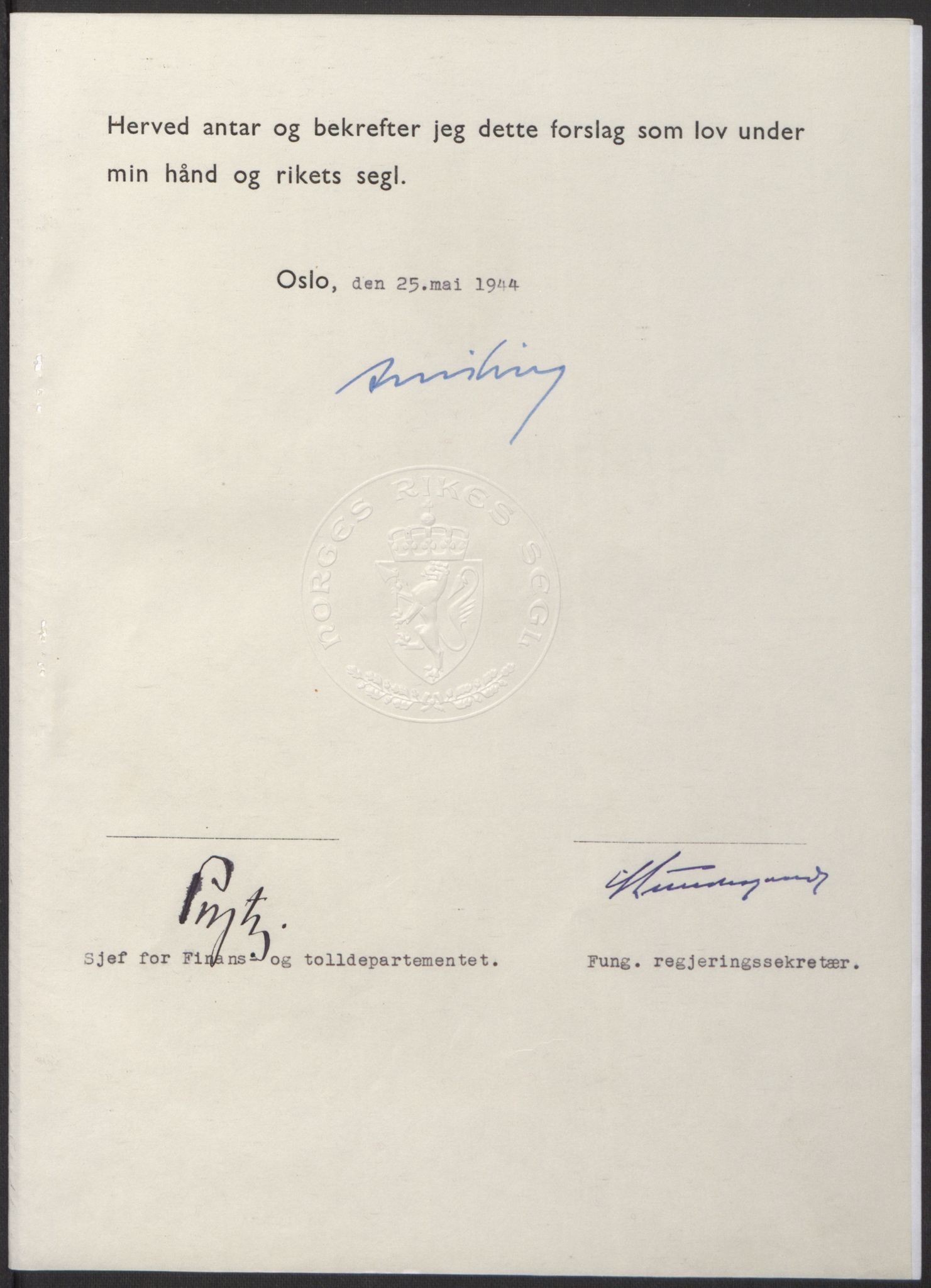 NS-administrasjonen 1940-1945 (Statsrådsekretariatet, de kommisariske statsråder mm), RA/S-4279/D/Db/L0100: Lover, 1944, p. 238