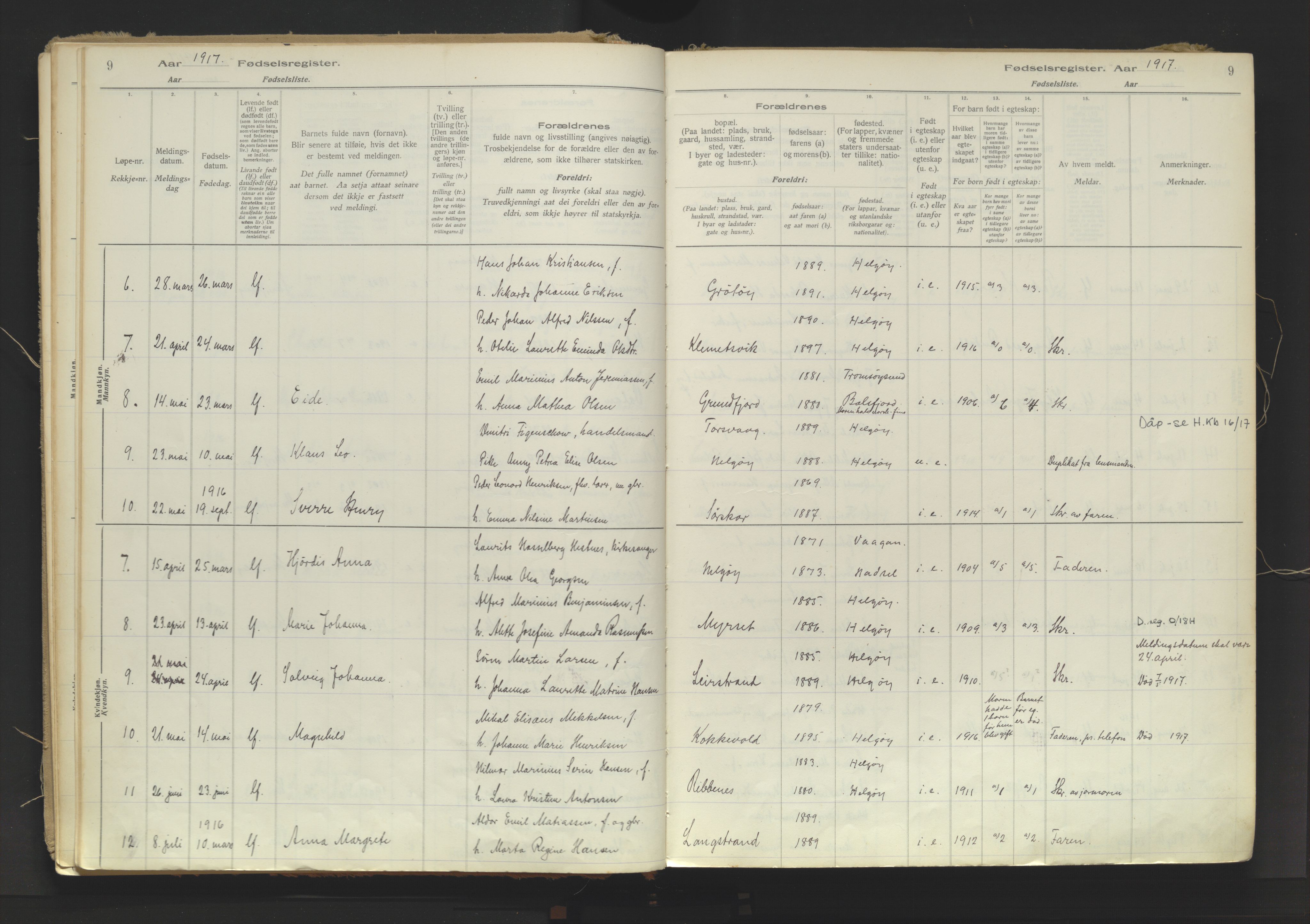 Karlsøy sokneprestembete, AV/SATØ-S-1299/I/Ic/L0067: Birth register no. 67, 1916-1958, p. 9