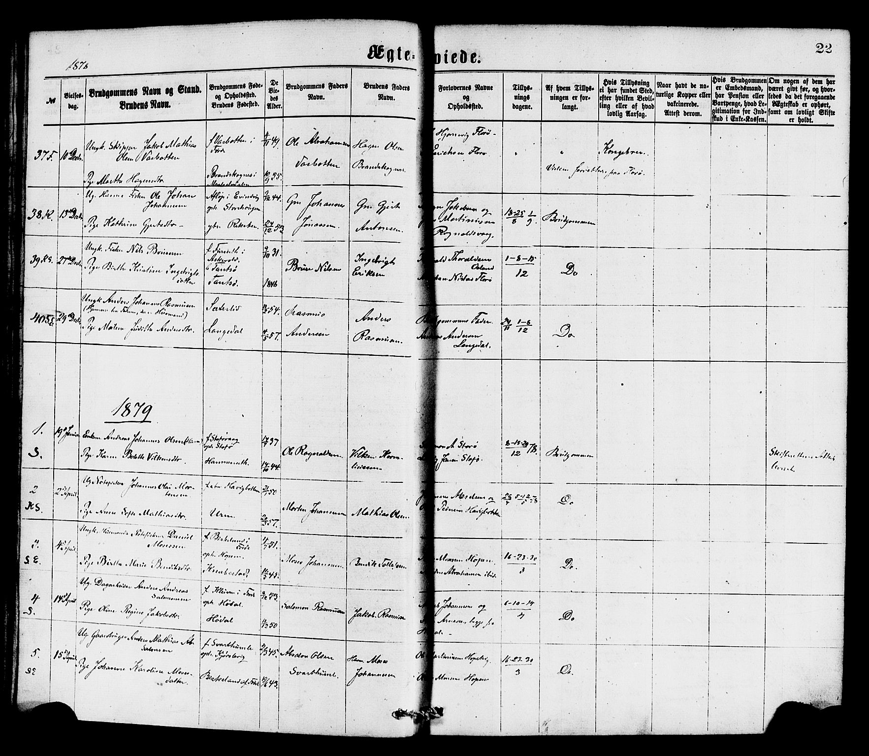 Kinn sokneprestembete, AV/SAB-A-80801/H/Haa/Haaa/L0013: Parish register (official) no. A 13, 1870-1885, p. 22