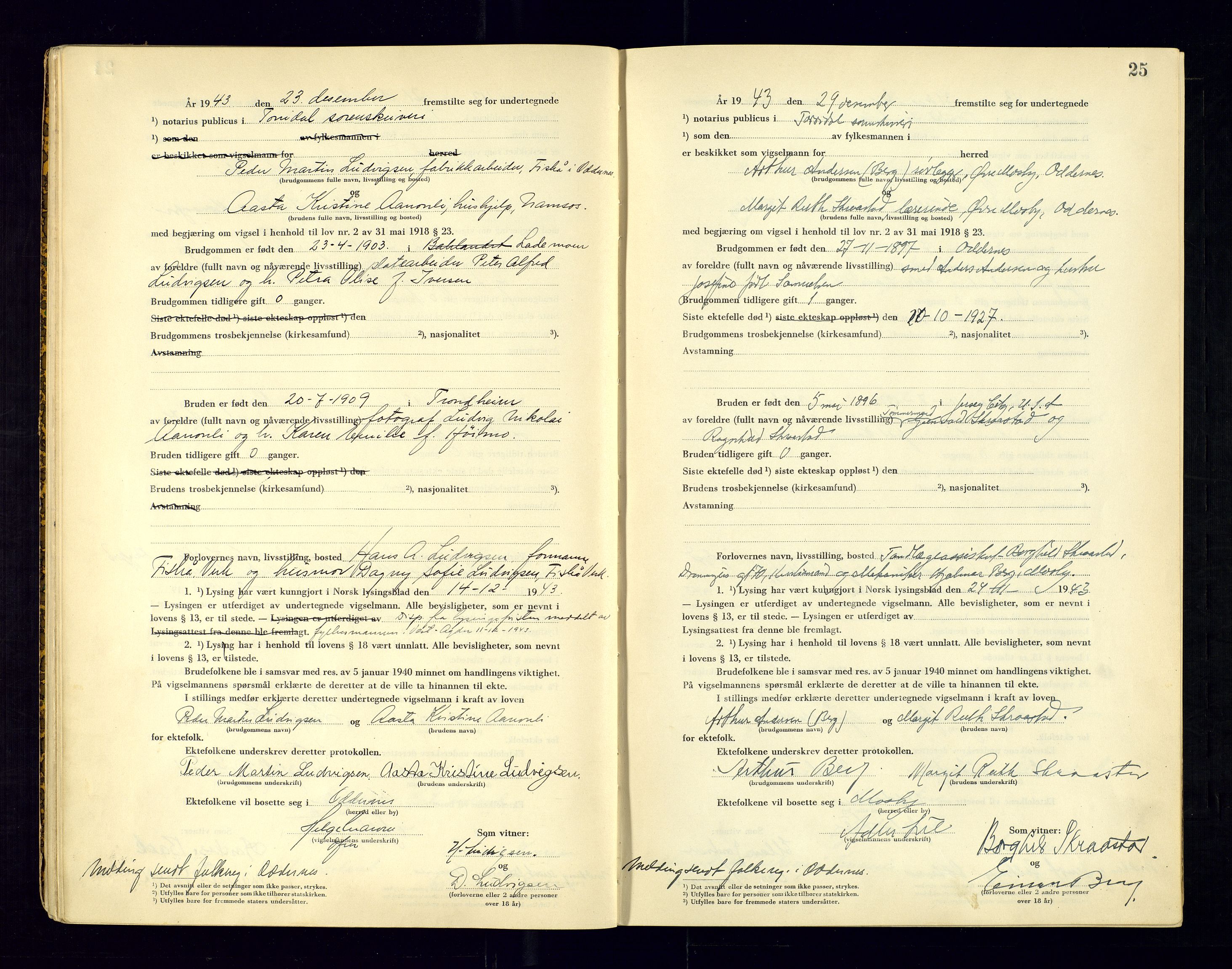 Torridal sorenskriveri, AV/SAK-1221-0012/L/Ld/L0004: Vigselbok nr. 2, 1943-1946, p. 25