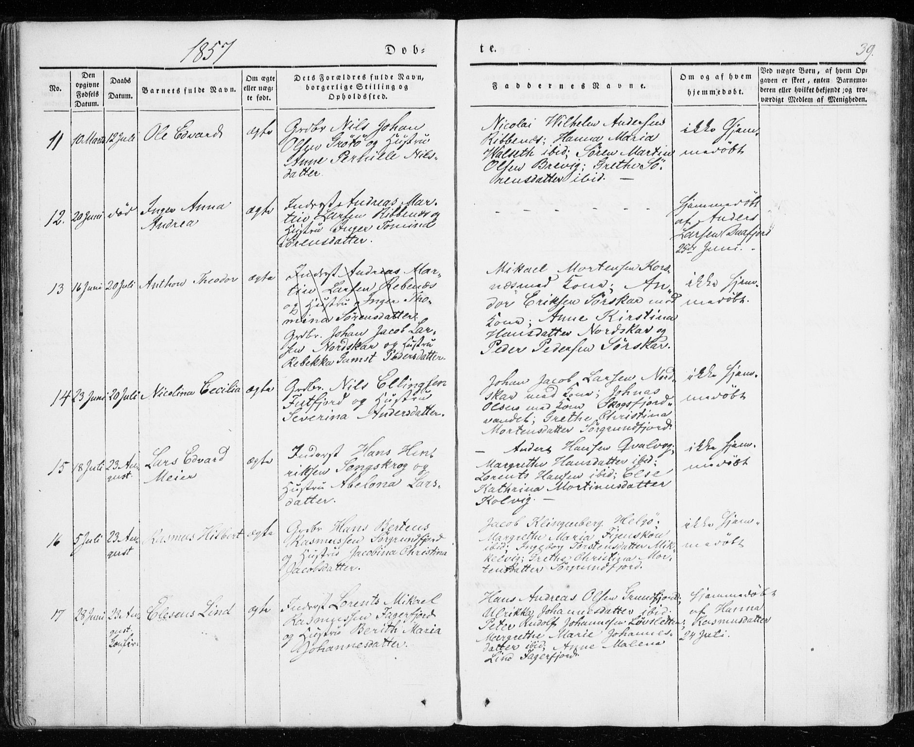 Karlsøy sokneprestembete, SATØ/S-1299/H/Ha/Haa/L0009kirke: Parish register (official) no. 9, 1838-1867, p. 39