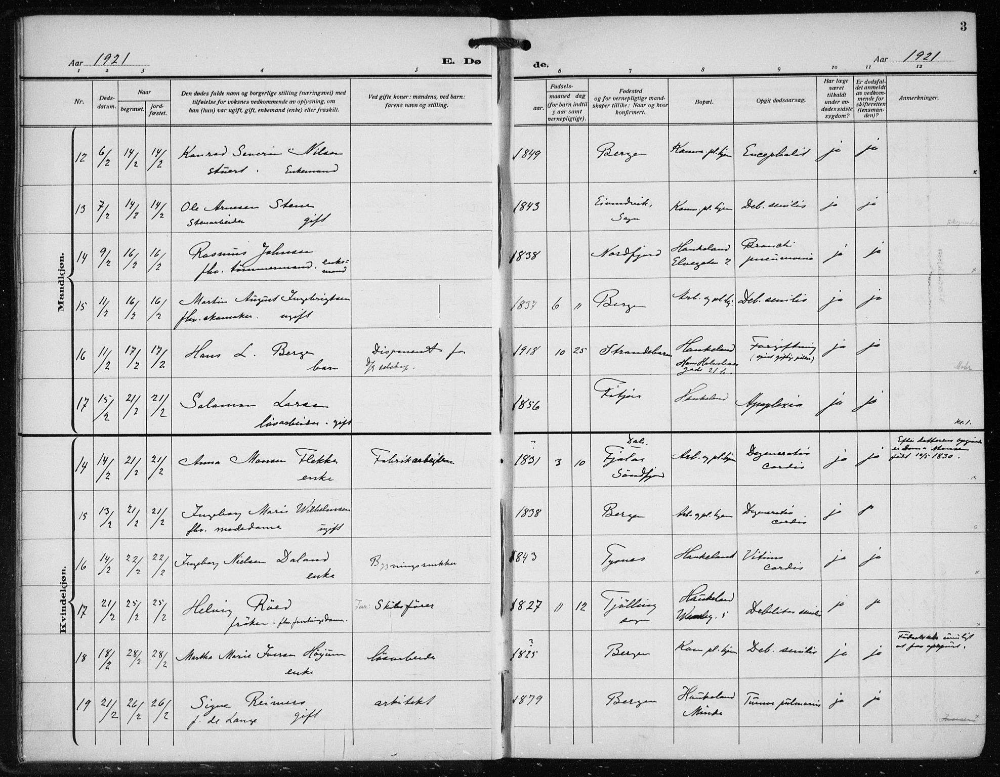 Bergen kommunale pleiehjem - stiftelsespresten, AV/SAB-A-100281: Parish register (official) no. A 7, 1921-1932, p. 3