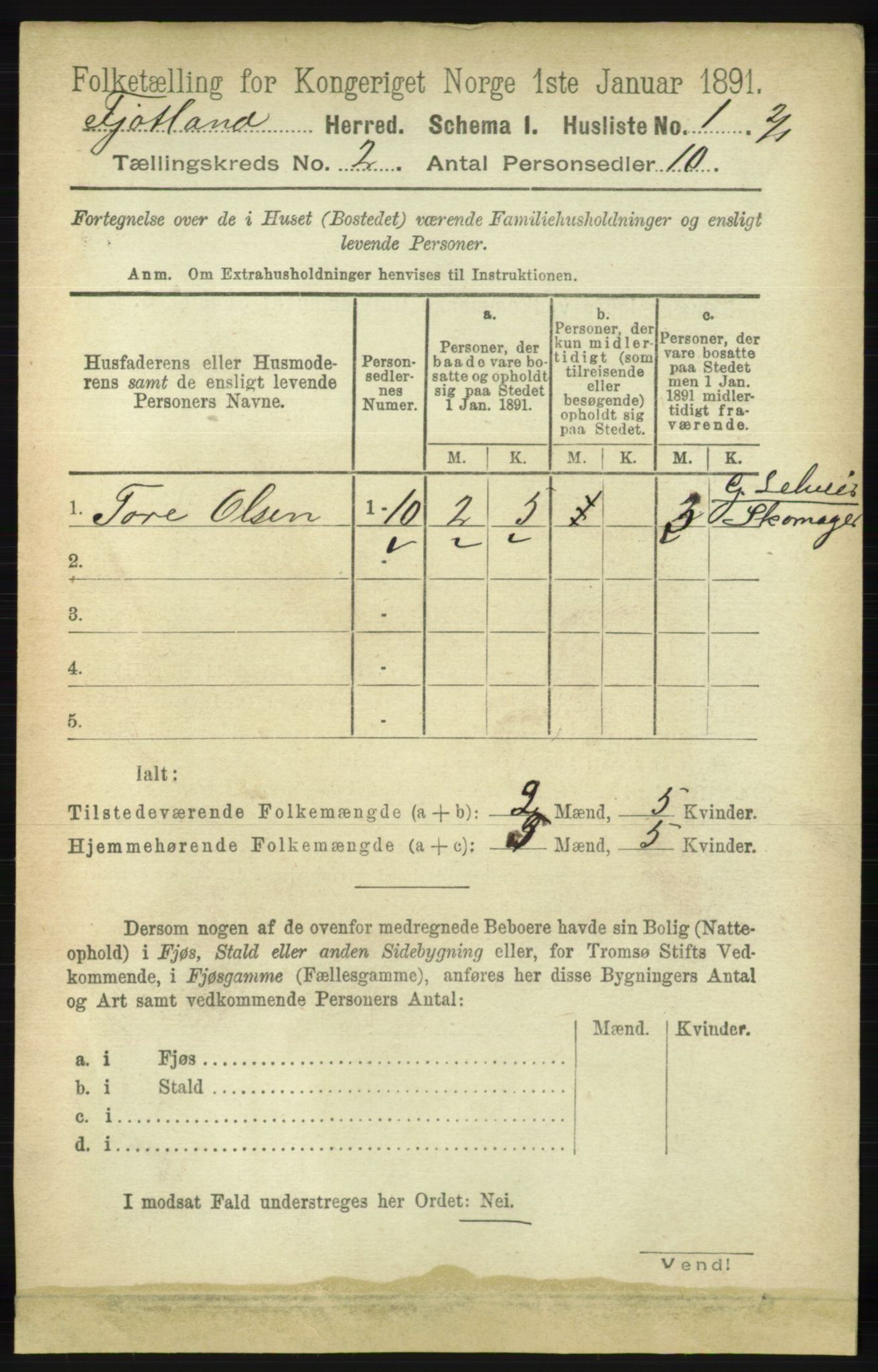 RA, 1891 census for 1036 Fjotland, 1891, p. 211