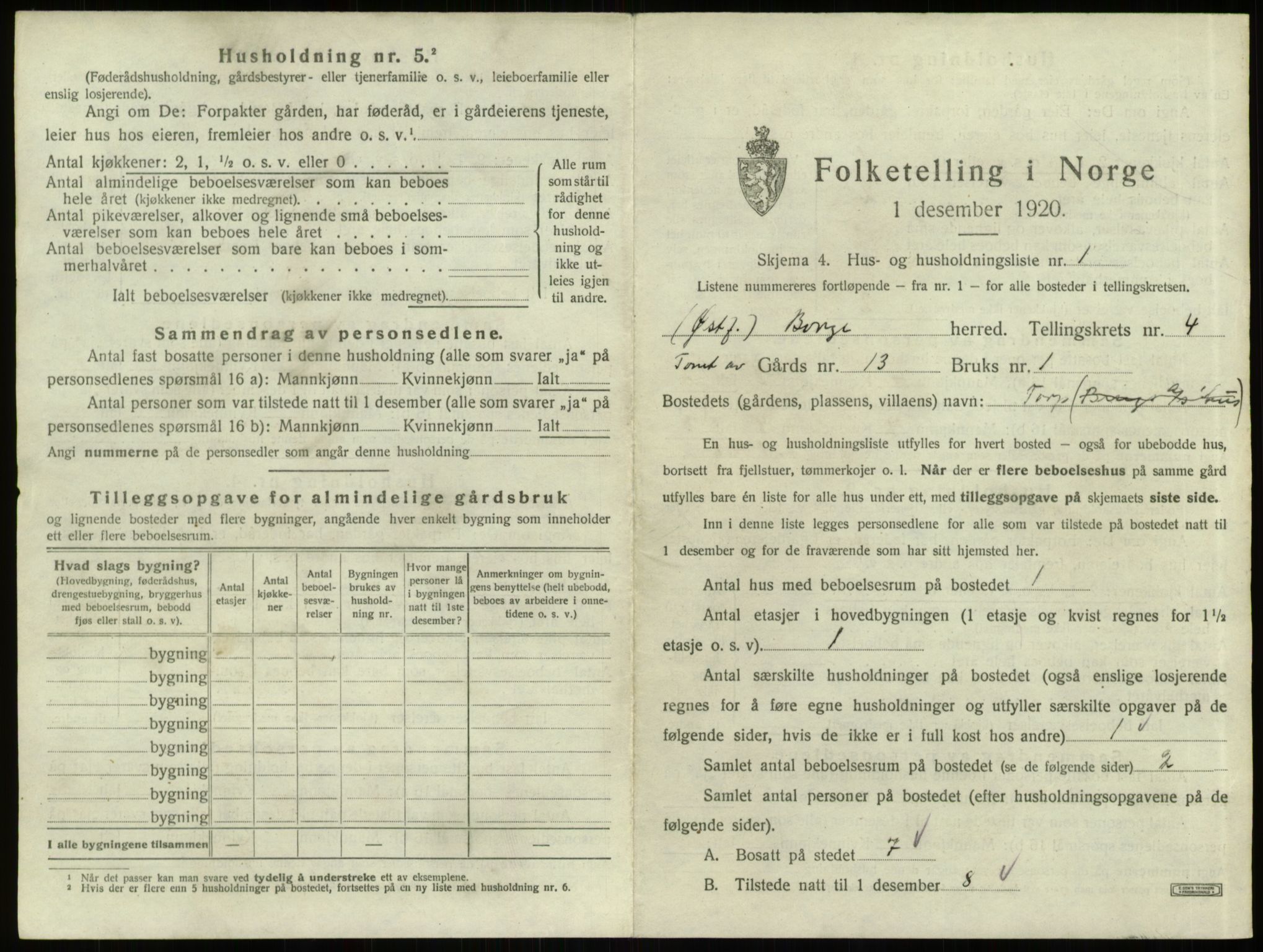 SAO, 1920 census for Borge, 1920, p. 836