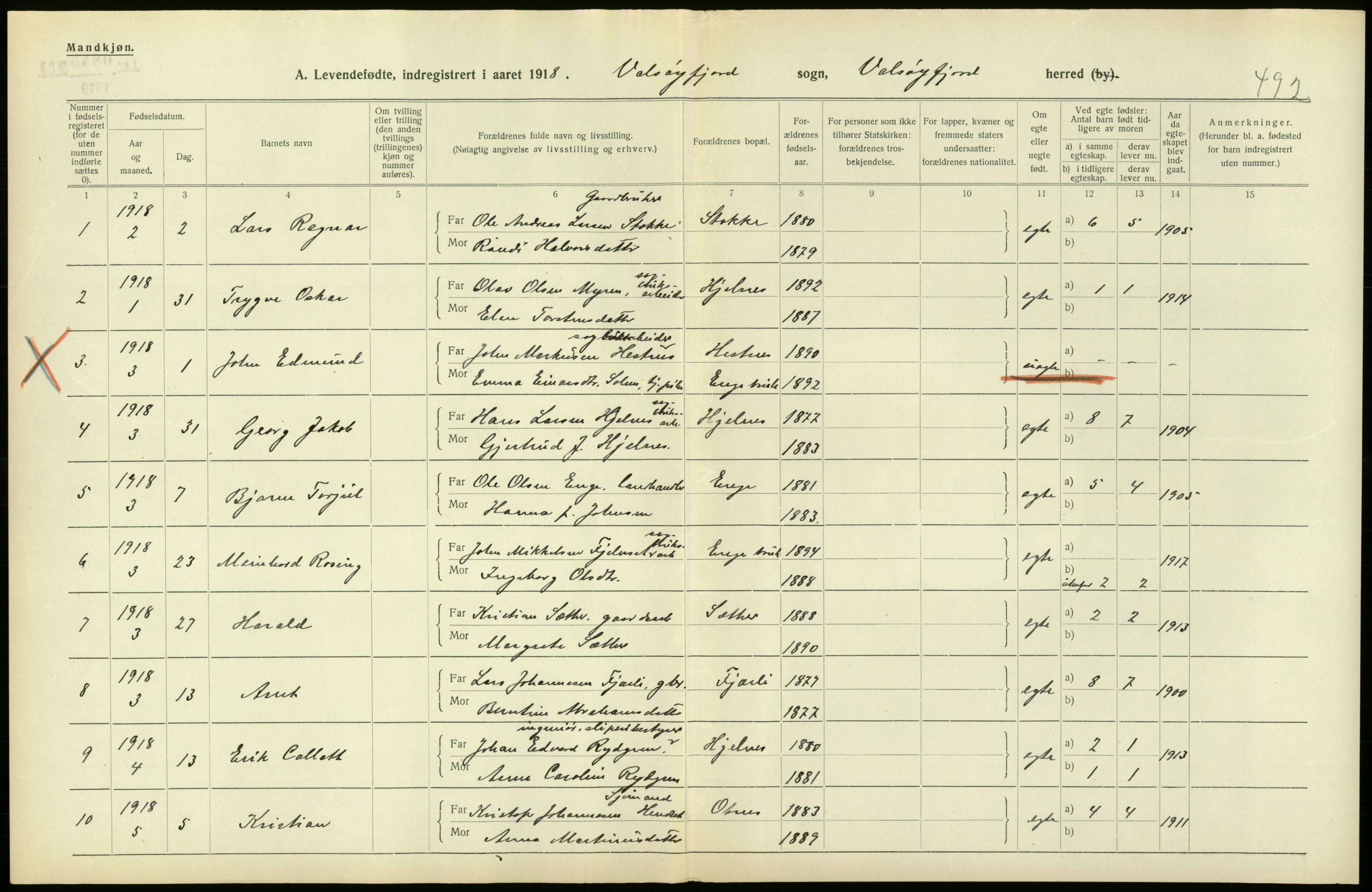 Statistisk sentralbyrå, Sosiodemografiske emner, Befolkning, RA/S-2228/D/Df/Dfb/Dfbh/L0043: Møre fylke: Levendefødte menn og kvinner. Bygder., 1918, p. 548