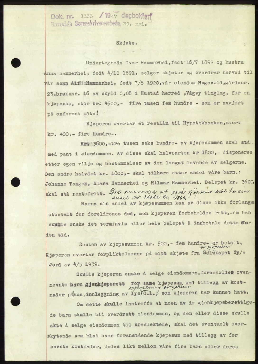 Romsdal sorenskriveri, AV/SAT-A-4149/1/2/2C: Mortgage book no. A23, 1947-1947, Diary no: : 1333/1947