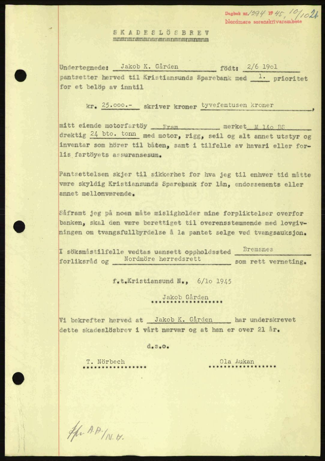 Nordmøre sorenskriveri, AV/SAT-A-4132/1/2/2Ca: Mortgage book no. B93a, 1945-1945, Diary no: : 1294/1945