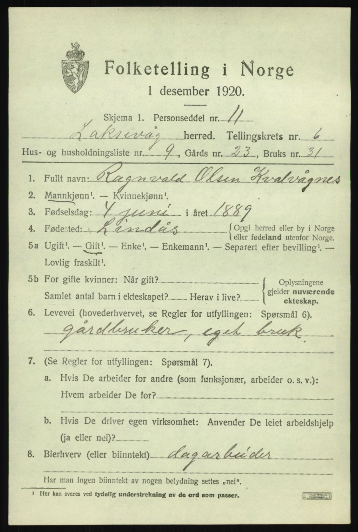 SAB, 1920 census for Laksevåg, 1920, p. 17268