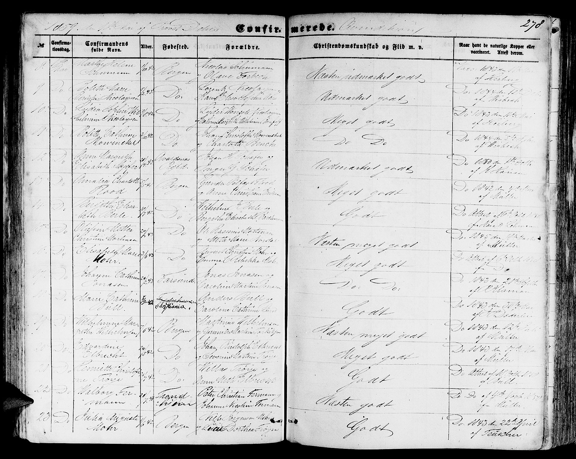 Domkirken sokneprestembete, SAB/A-74801/H/Hab/L0023: Parish register (copy) no. C 3, 1854-1880, p. 278