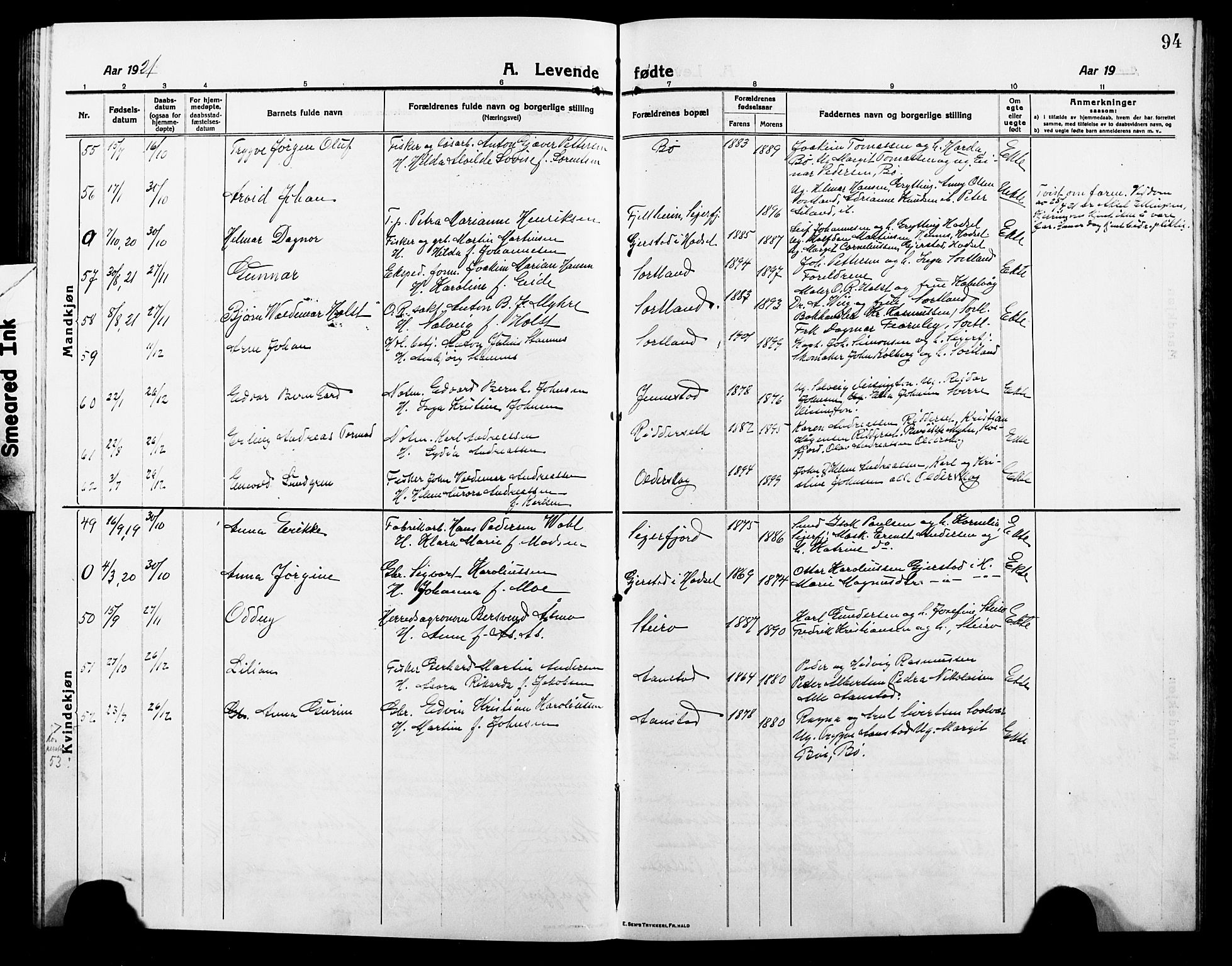 Ministerialprotokoller, klokkerbøker og fødselsregistre - Nordland, SAT/A-1459/895/L1383: Parish register (copy) no. 895C05, 1913-1922, p. 94