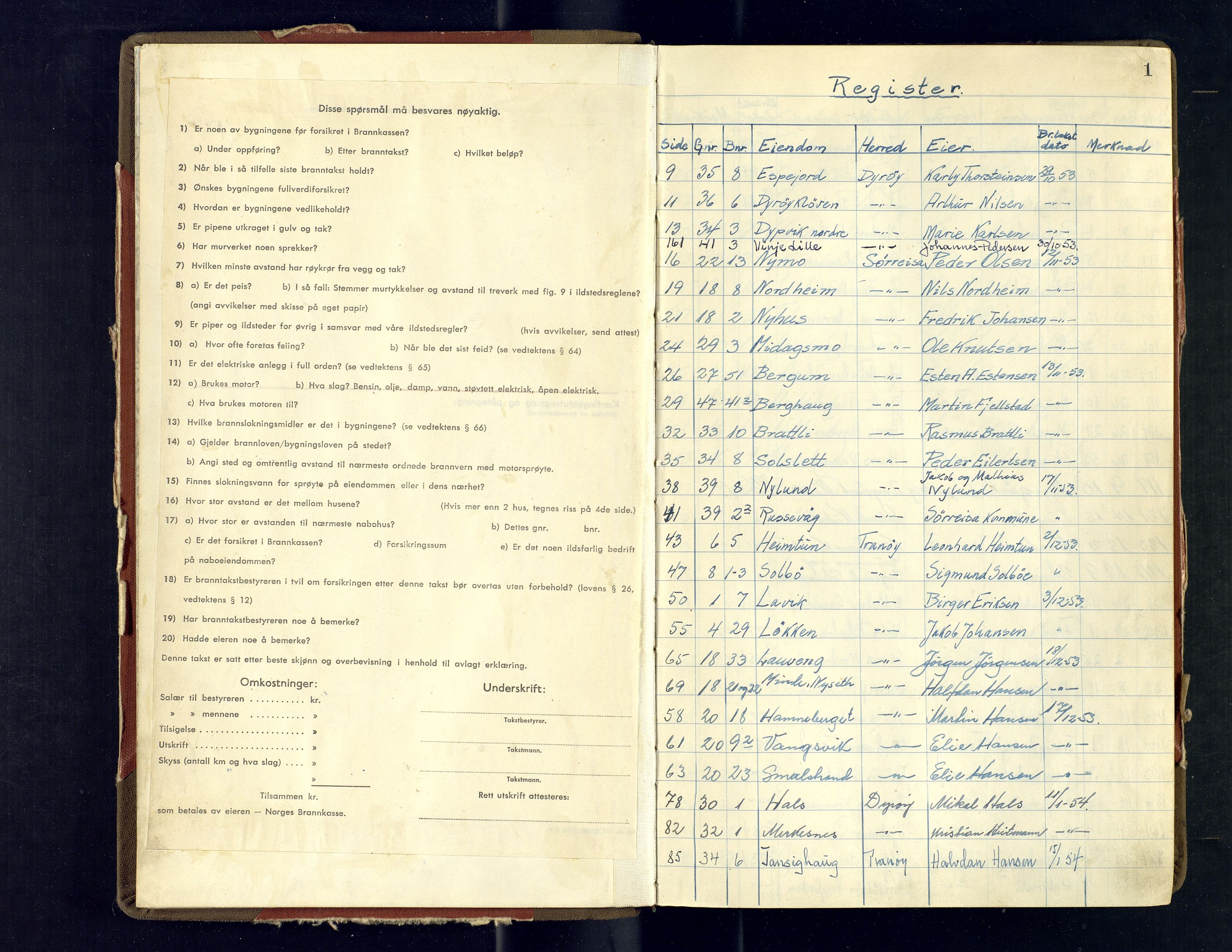 Tranøy lensmannskontor (Sørreisa lensmannskontor), AV/SATØ-SATØ-46/1/F/Fq/Fqc/L0277: Branntakstprotokoller, 1953-1955, p. 1