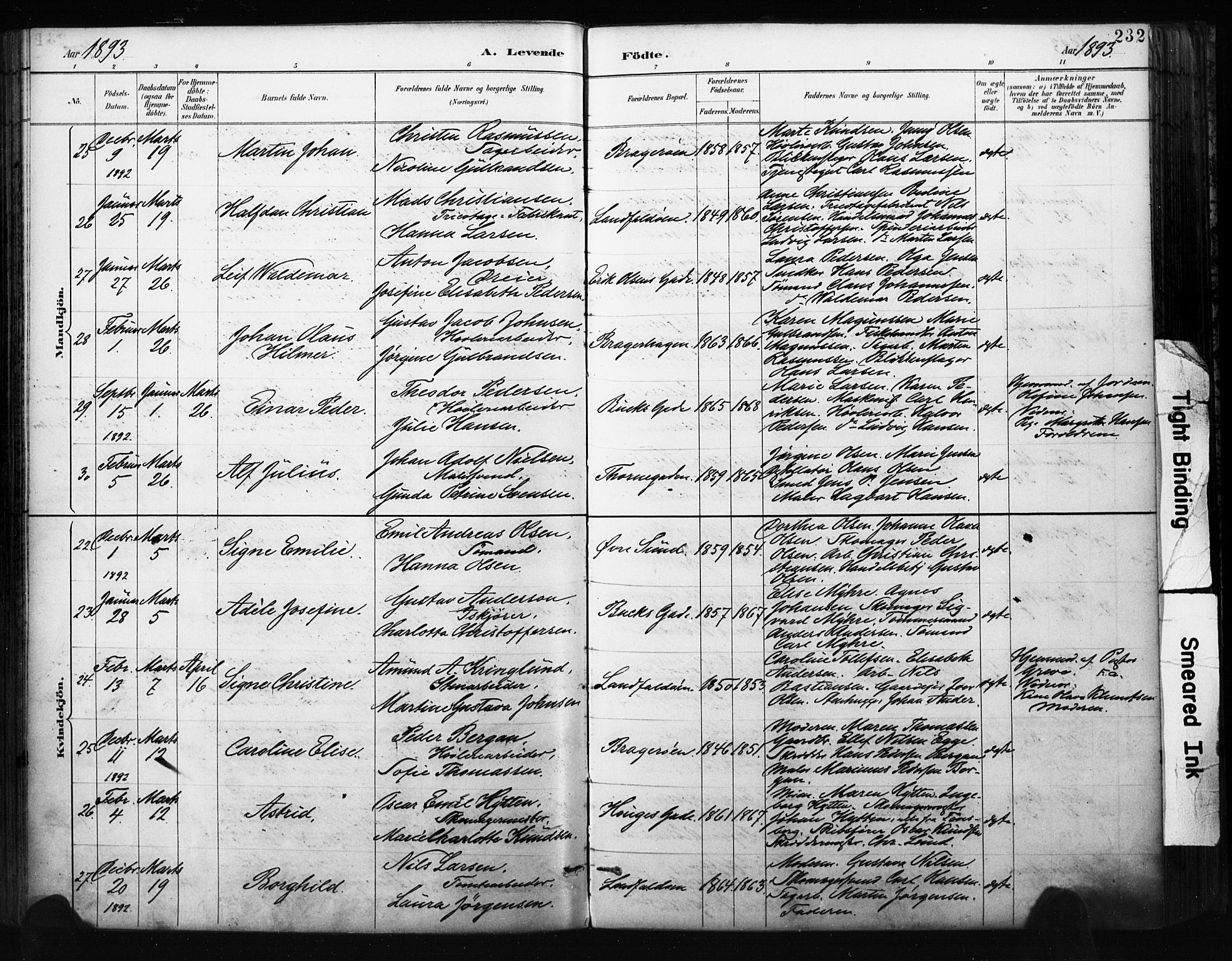 Bragernes kirkebøker, AV/SAKO-A-6/F/Fb/L0007: Parish register (official) no. II 7, 1885-1893, p. 232