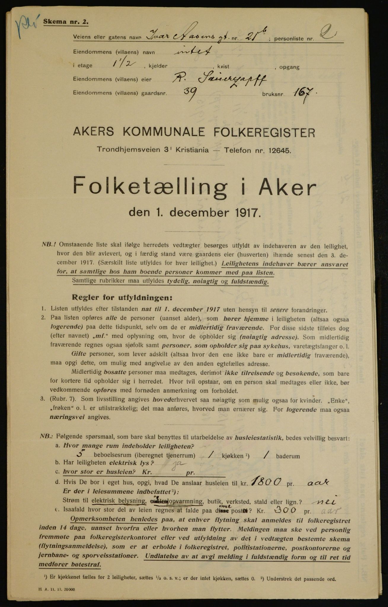 OBA, Municipal Census 1917 for Aker, 1917, p. 6482