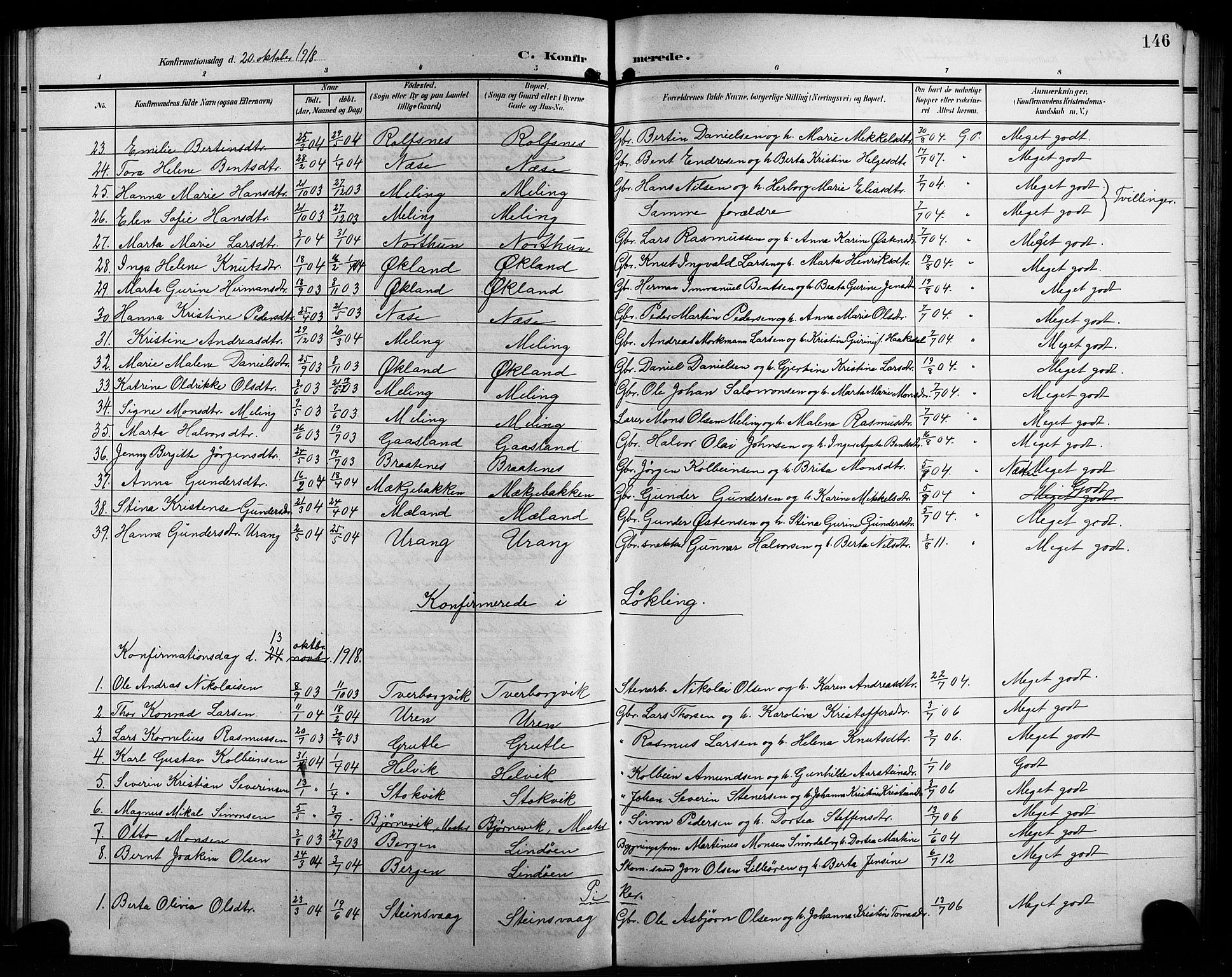 Finnås sokneprestembete, SAB/A-99925/H/Ha/Hab/Habb/L0005: Parish register (copy) no. B 5, 1907-1920, p. 146