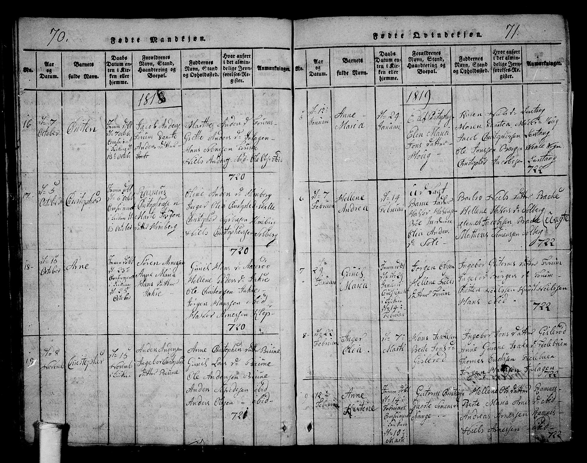 Ramnes kirkebøker, AV/SAKO-A-314/G/Ga/L0001: Parish register (copy) no. I 1, 1813-1847, p. 70-71