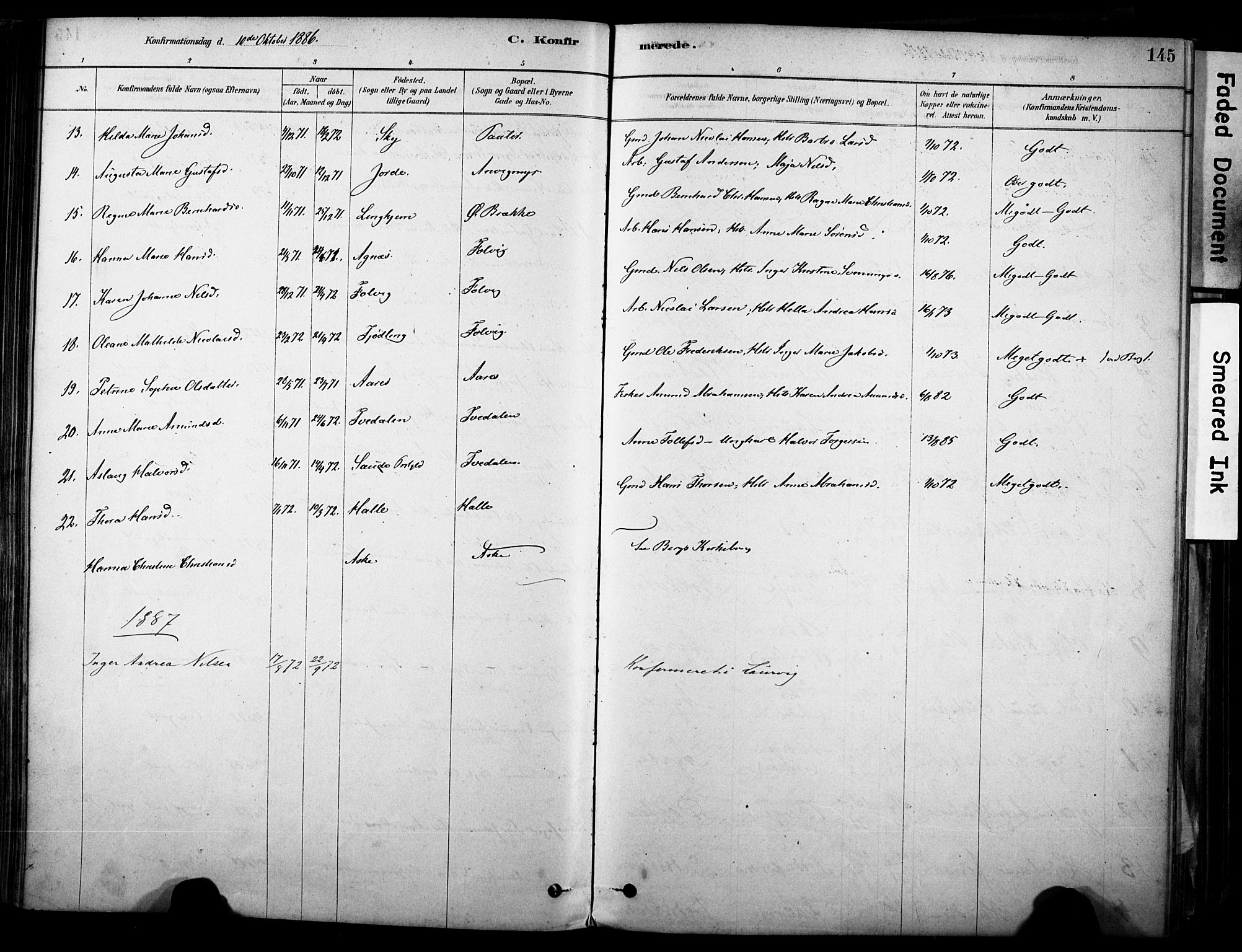 Brunlanes kirkebøker, AV/SAKO-A-342/F/Fc/L0001: Parish register (official) no. III 1, 1878-1899, p. 145