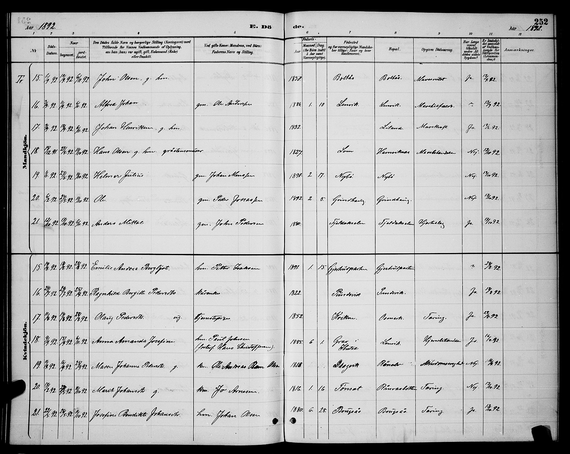 Ministerialprotokoller, klokkerbøker og fødselsregistre - Nordland, AV/SAT-A-1459/863/L0914: Parish register (copy) no. 863C04, 1886-1897, p. 252