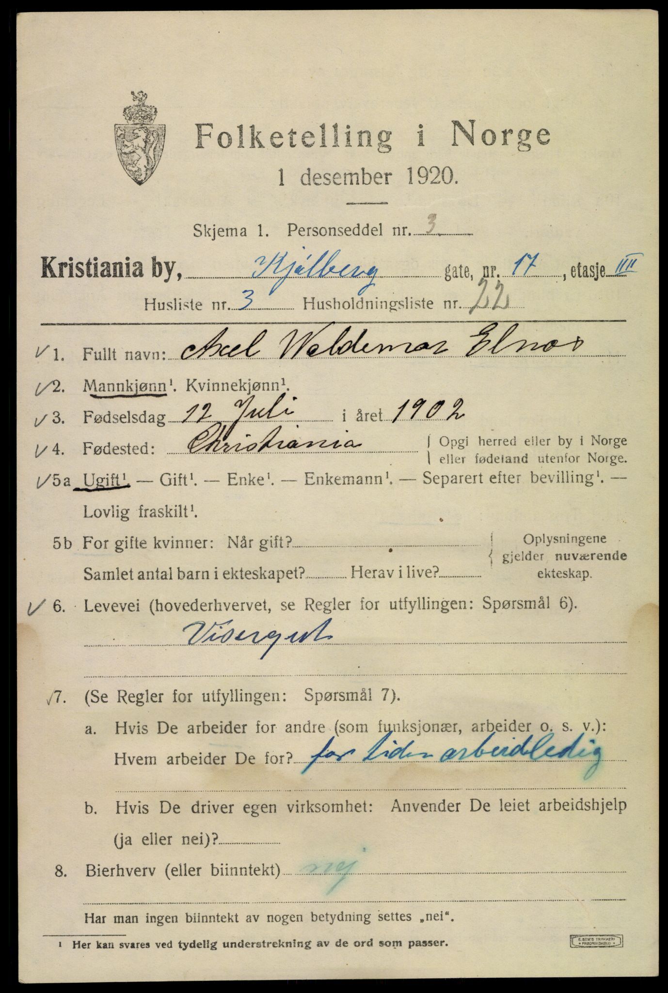 SAO, 1920 census for Kristiania, 1920, p. 343109