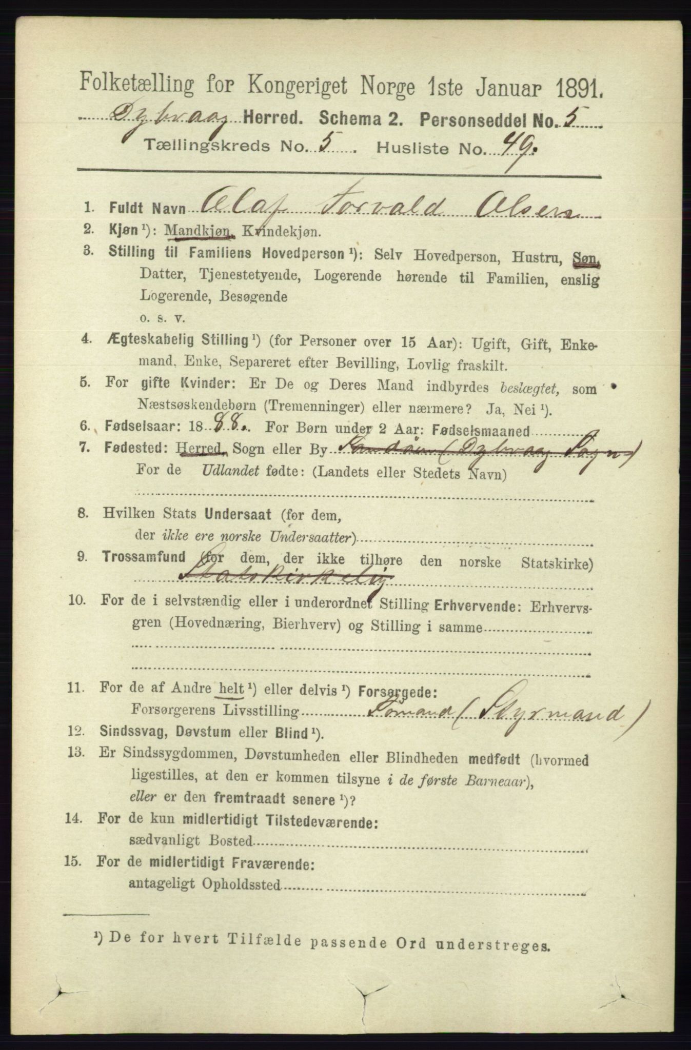 RA, 1891 census for 0915 Dypvåg, 1891, p. 1665