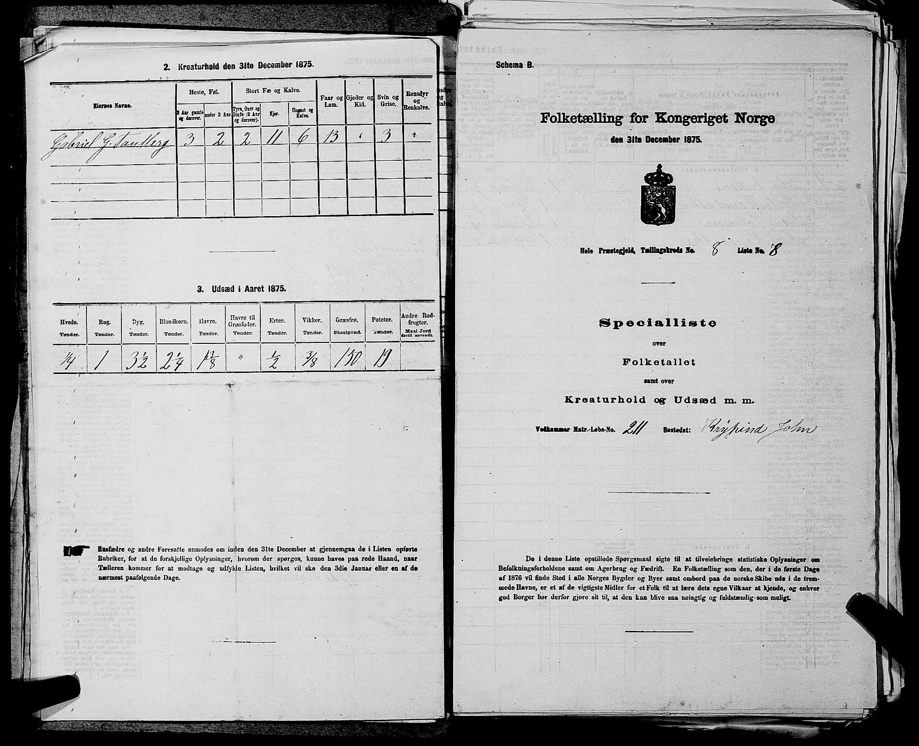 SAKO, 1875 census for 0612P Hole, 1875, p. 1392