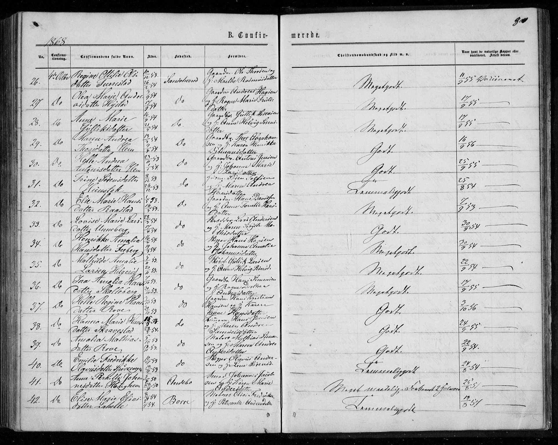 Sandar kirkebøker, SAKO/A-243/F/Fa/L0008: Parish register (official) no. 8, 1862-1871, p. 301