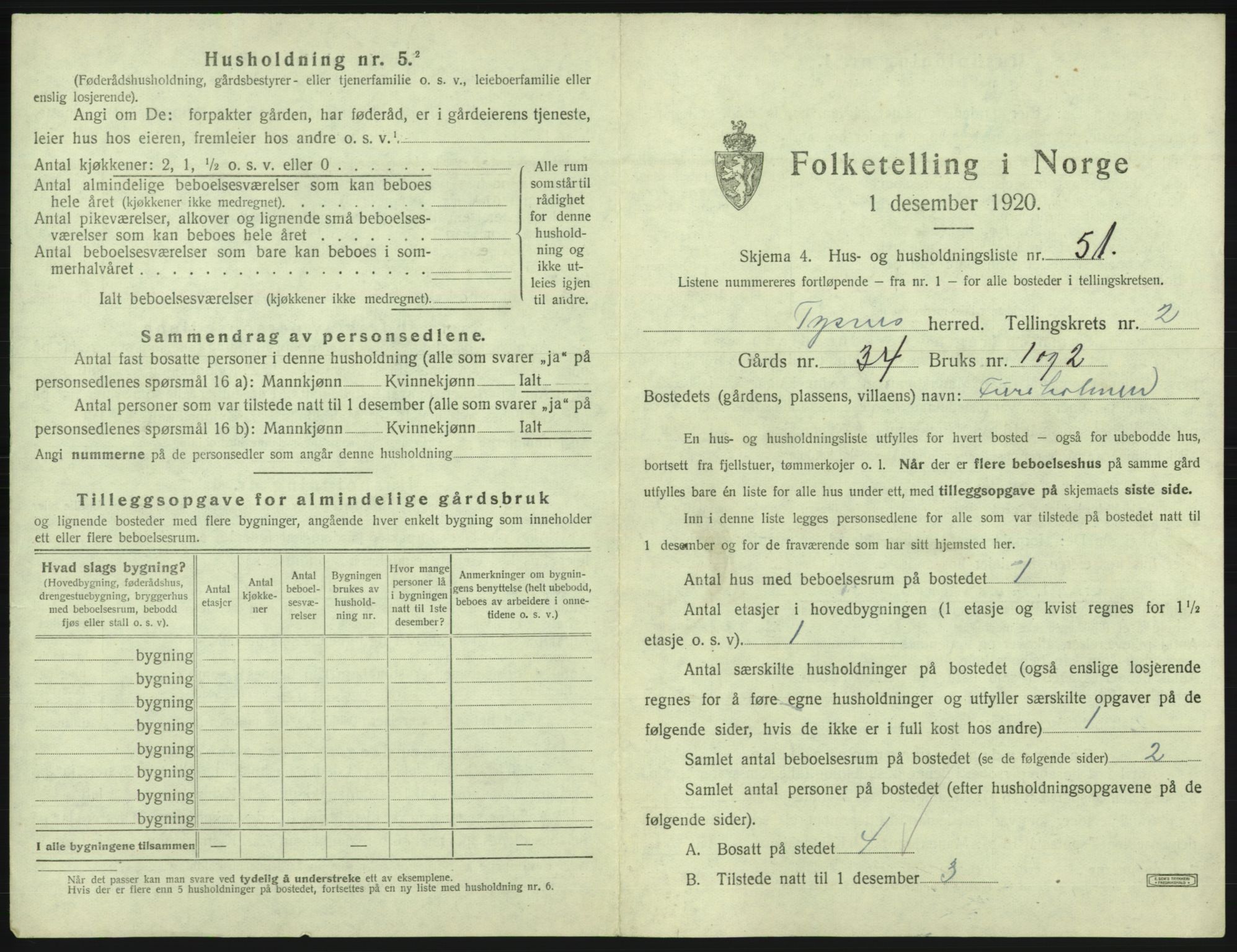 SAB, 1920 census for Tysnes, 1920, p. 257