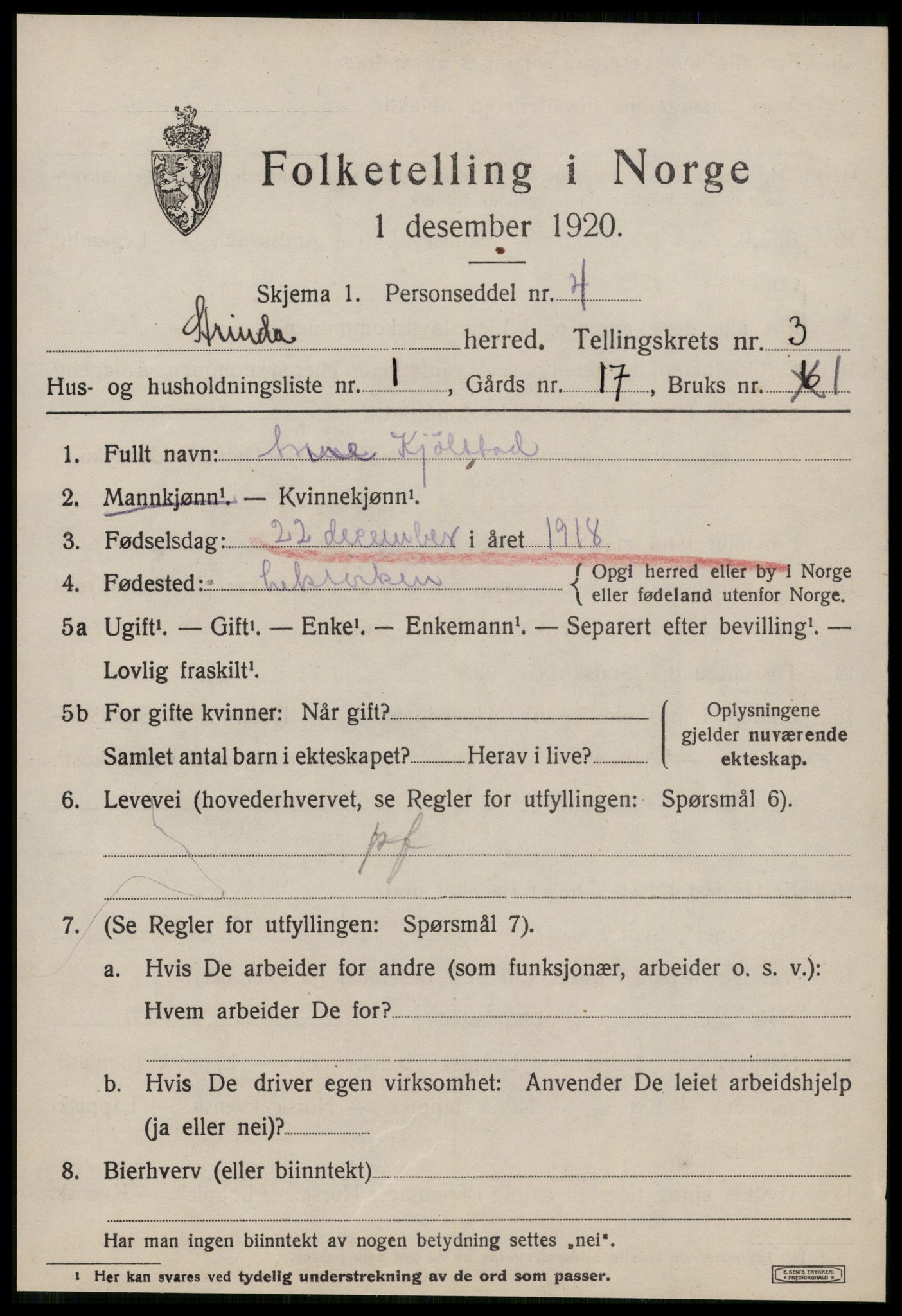 SAT, 1920 census for Strinda, 1920, p. 10276