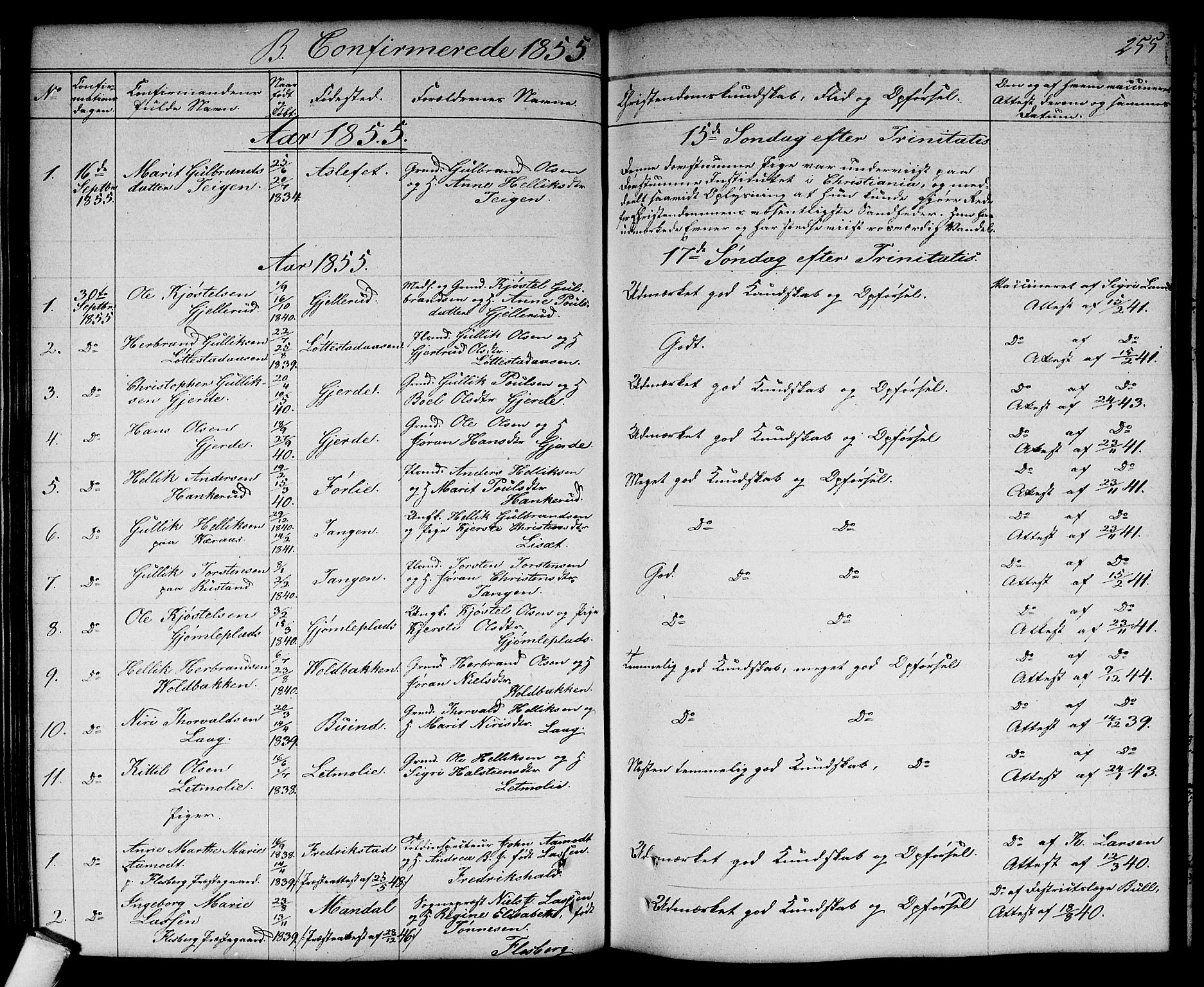 Flesberg kirkebøker, SAKO/A-18/G/Ga/L0002: Parish register (copy) no. I 2, 1834-1860, p. 255