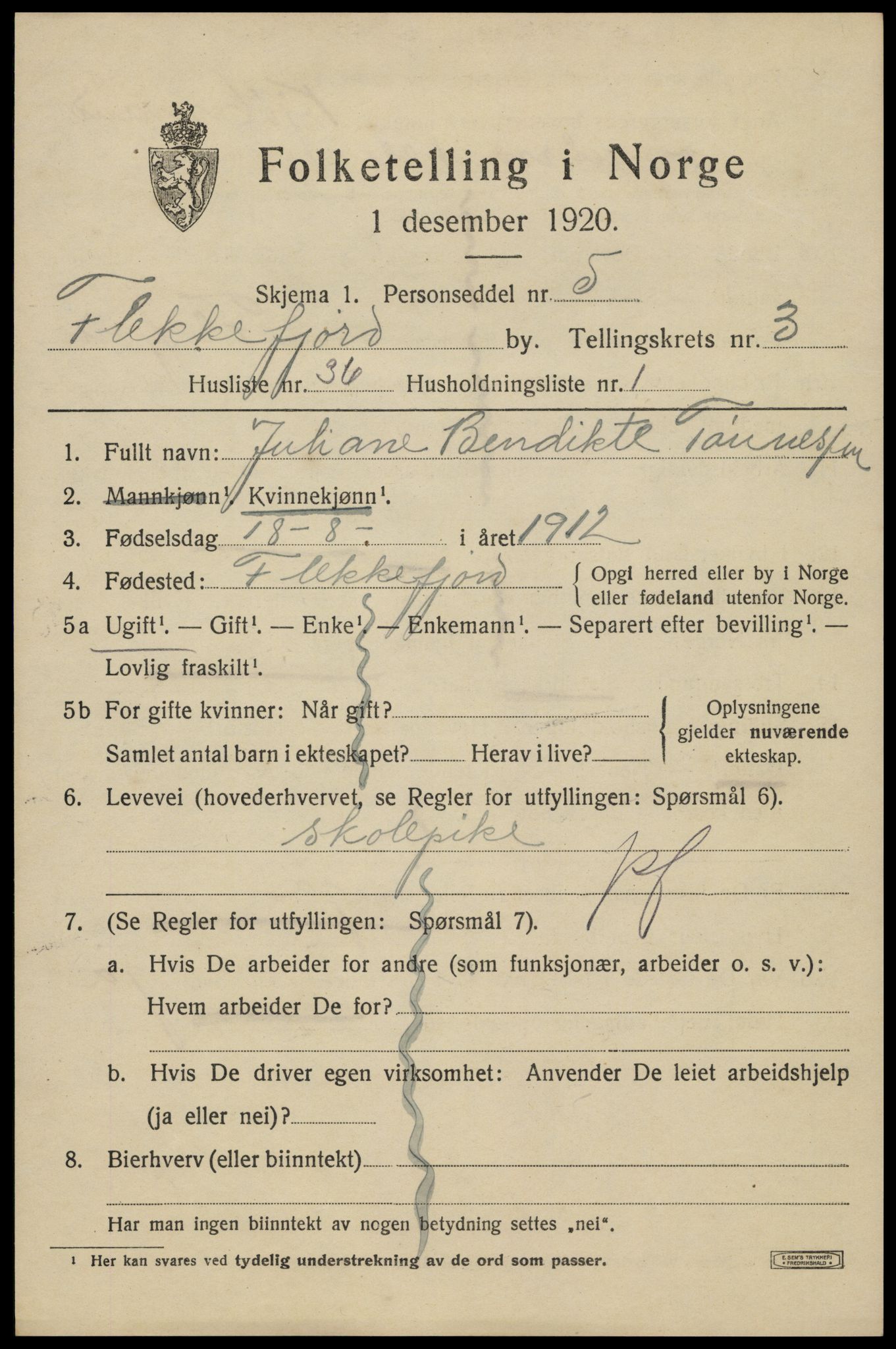 SAK, 1920 census for Flekkefjord, 1920, p. 3828