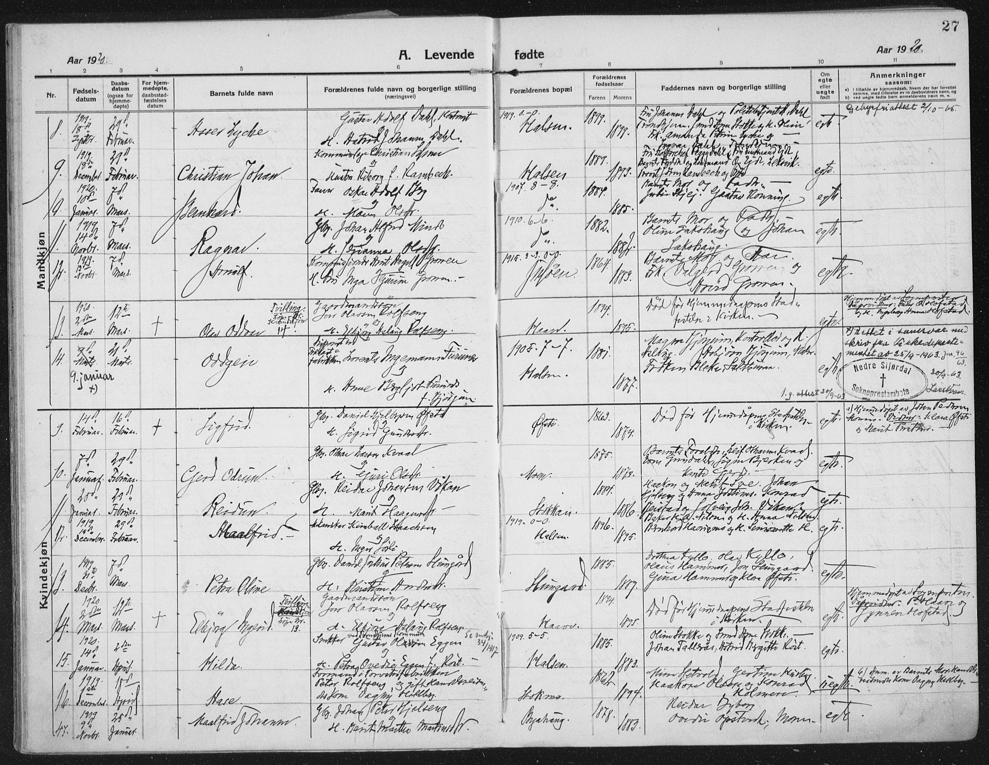 Ministerialprotokoller, klokkerbøker og fødselsregistre - Nord-Trøndelag, AV/SAT-A-1458/709/L0083: Parish register (official) no. 709A23, 1916-1928, p. 27