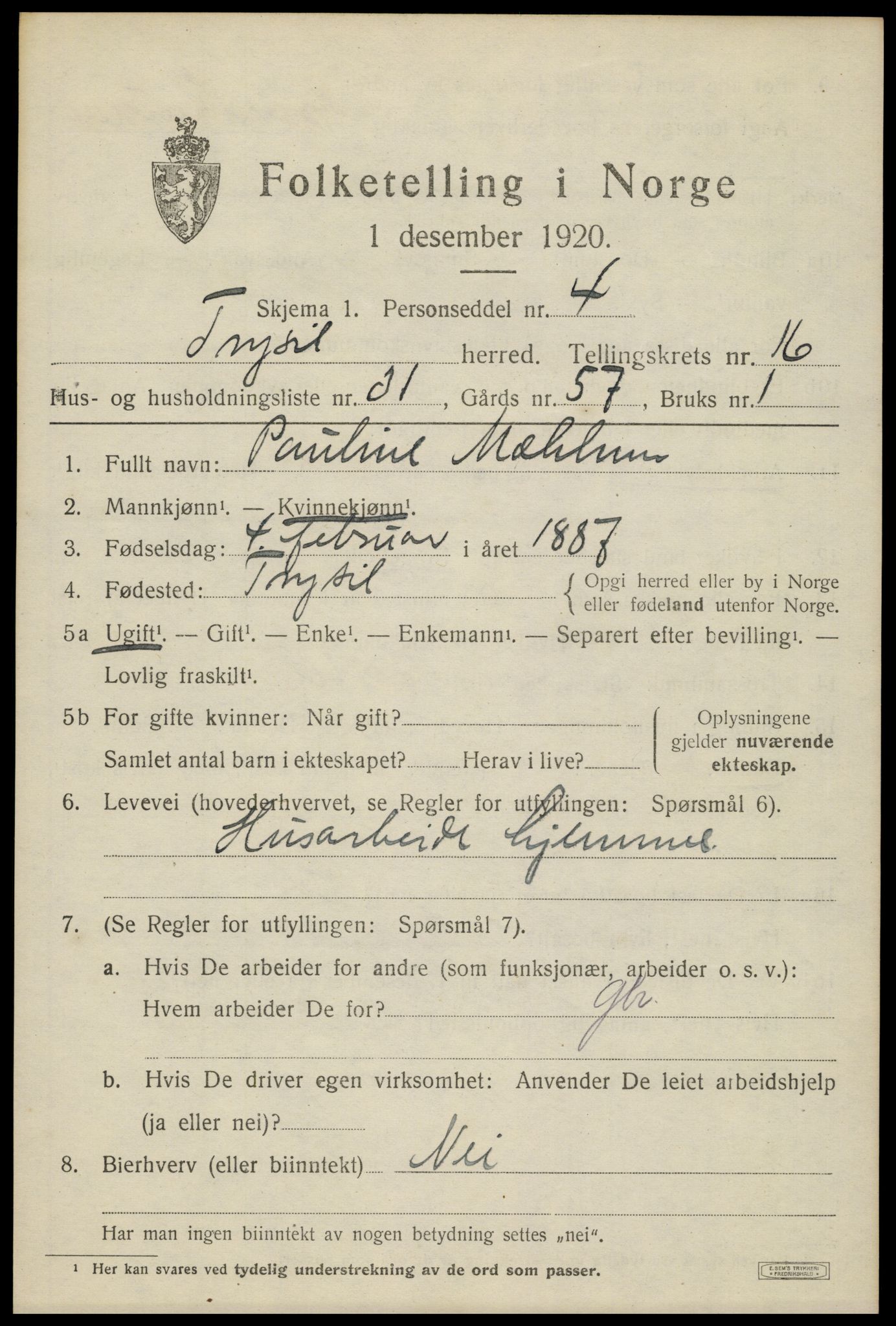 SAH, 1920 census for Trysil, 1920, p. 9779