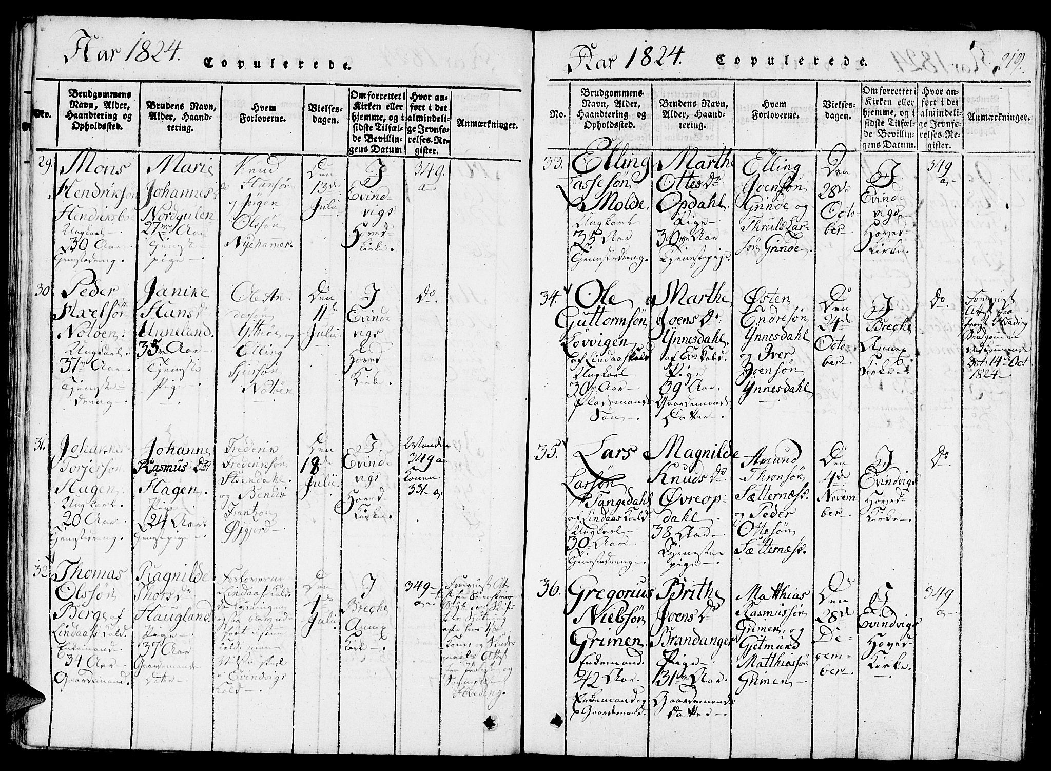 Gulen sokneprestembete, AV/SAB-A-80201/H/Haa/Haaa/L0018: Parish register (official) no. A 18, 1816-1825, p. 219