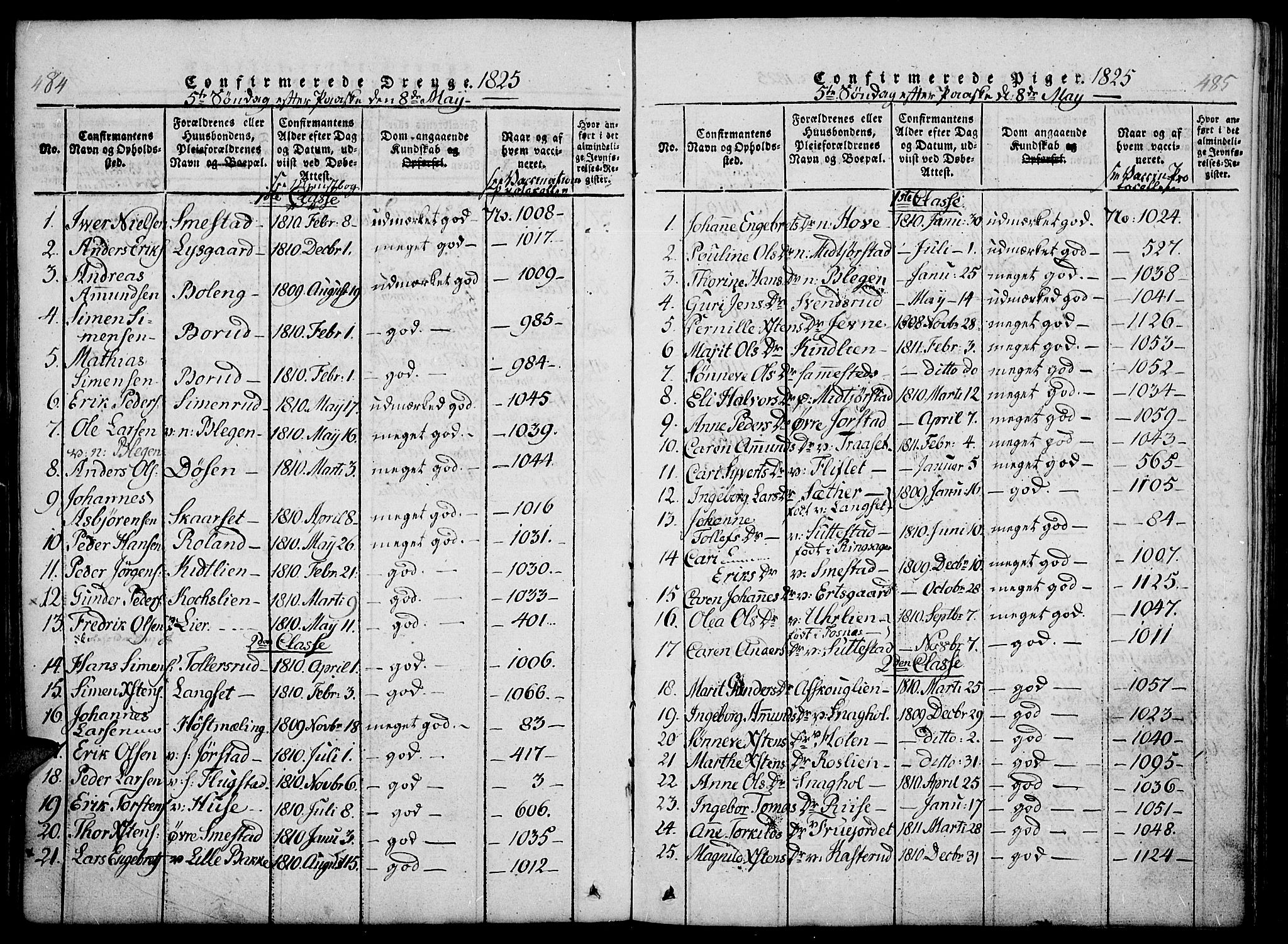 Fåberg prestekontor, SAH/PREST-086/H/Ha/Haa/L0003: Parish register (official) no. 3, 1818-1833, p. 484-485