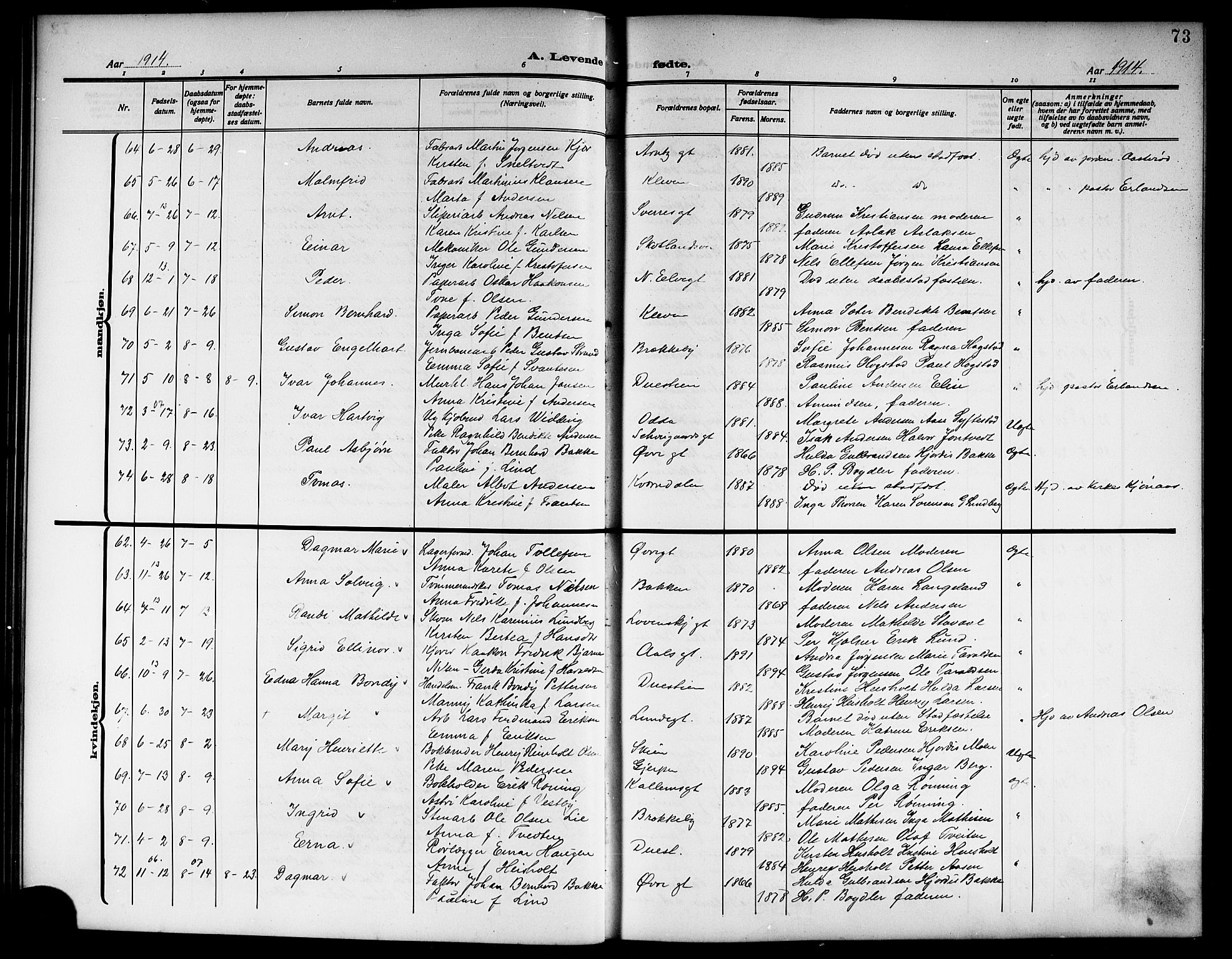 Skien kirkebøker, SAKO/A-302/G/Ga/L0009: Parish register (copy) no. 9, 1910-1920, p. 73
