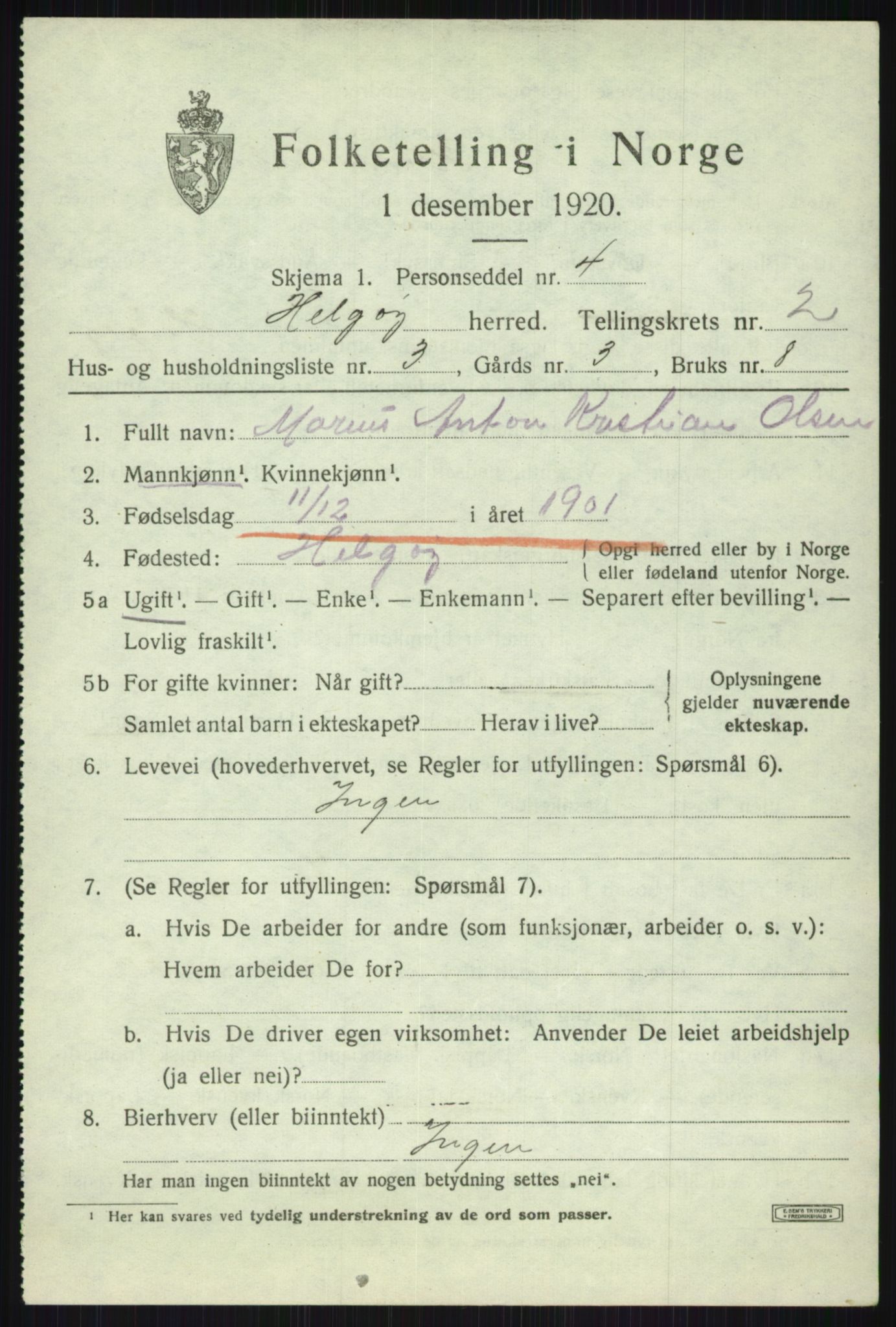 SATØ, 1920 census for Helgøy, 1920, p. 1167