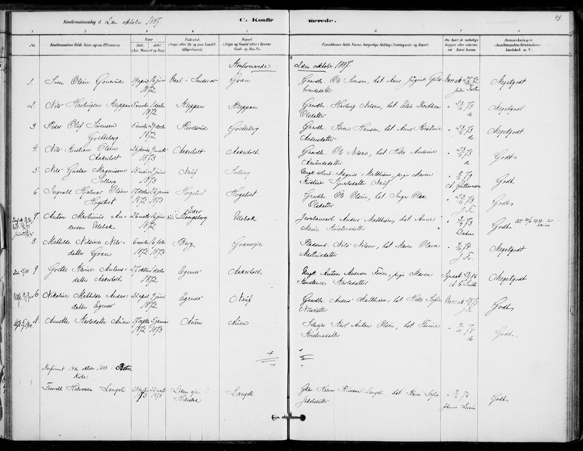 Hof kirkebøker, AV/SAKO-A-64/F/Fb/L0001: Parish register (official) no. II 1, 1878-1907, p. 43