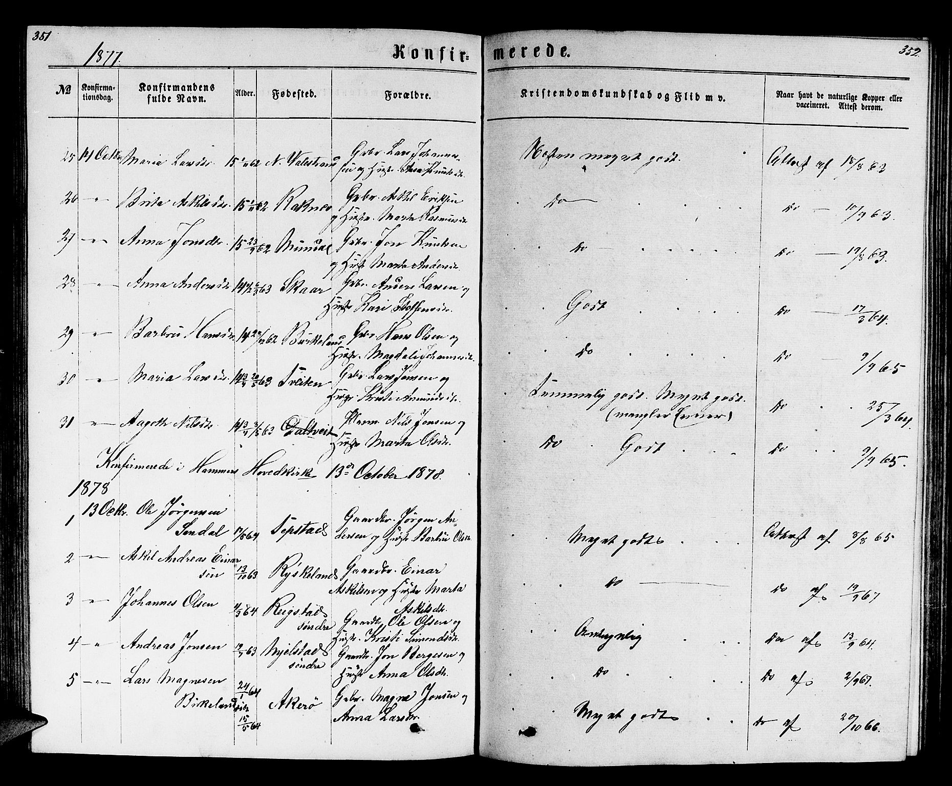 Hamre sokneprestembete, SAB/A-75501/H/Ha/Hab: Parish register (copy) no. B 2, 1863-1880, p. 351-352