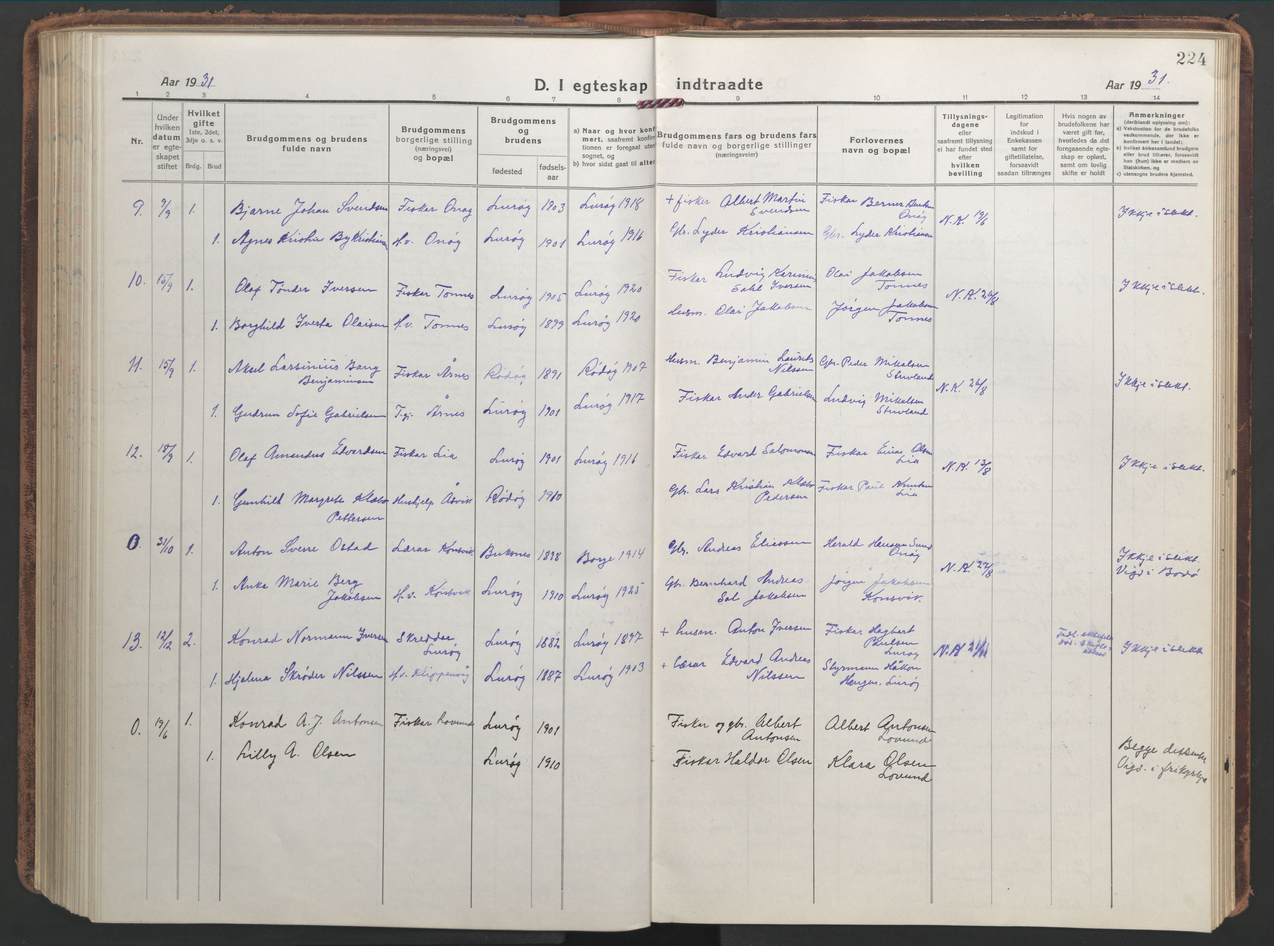 Ministerialprotokoller, klokkerbøker og fødselsregistre - Nordland, AV/SAT-A-1459/839/L0574: Parish register (copy) no. 839C04, 1918-1950, p. 224