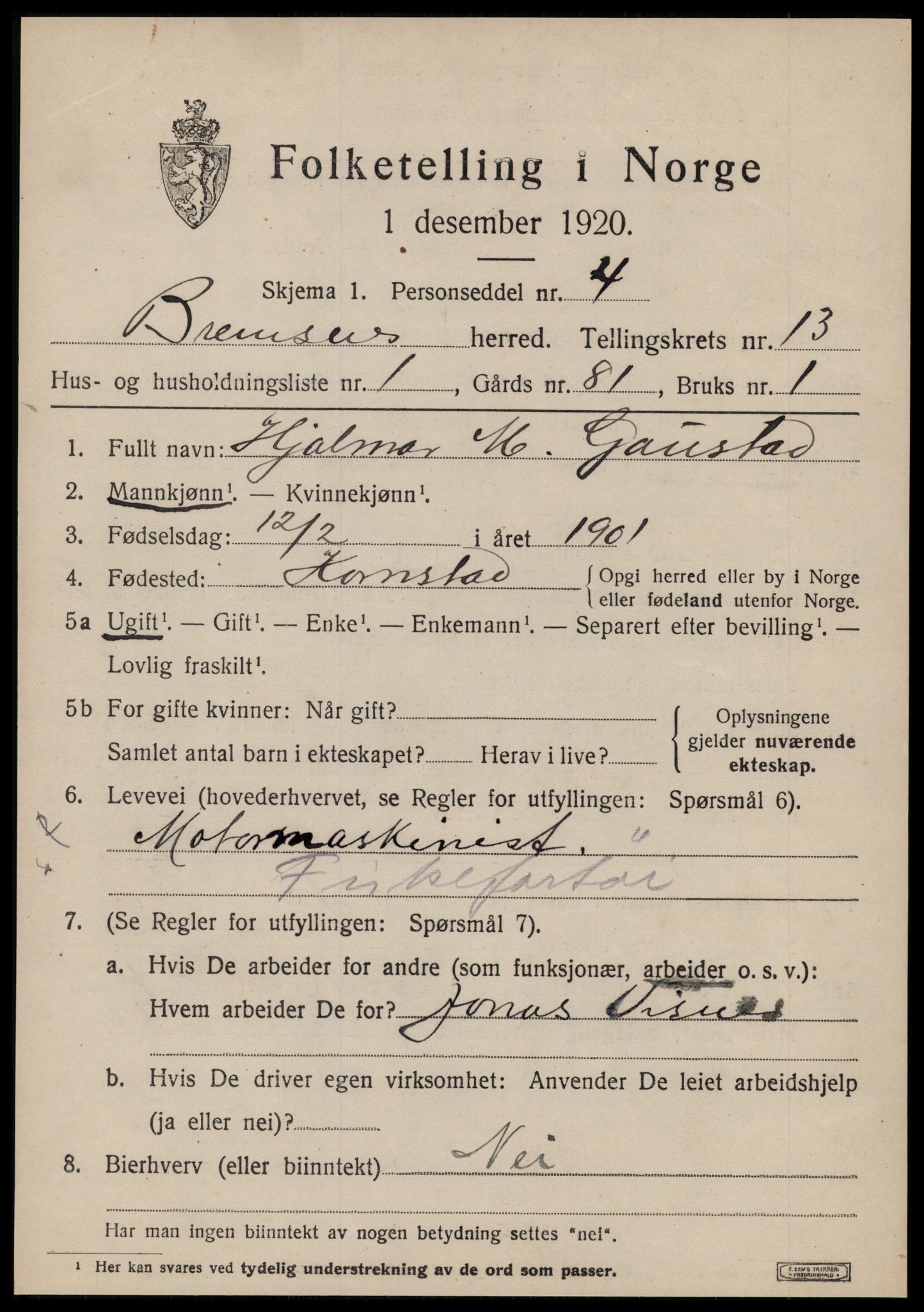 SAT, 1920 census for Bremsnes, 1920, p. 10073