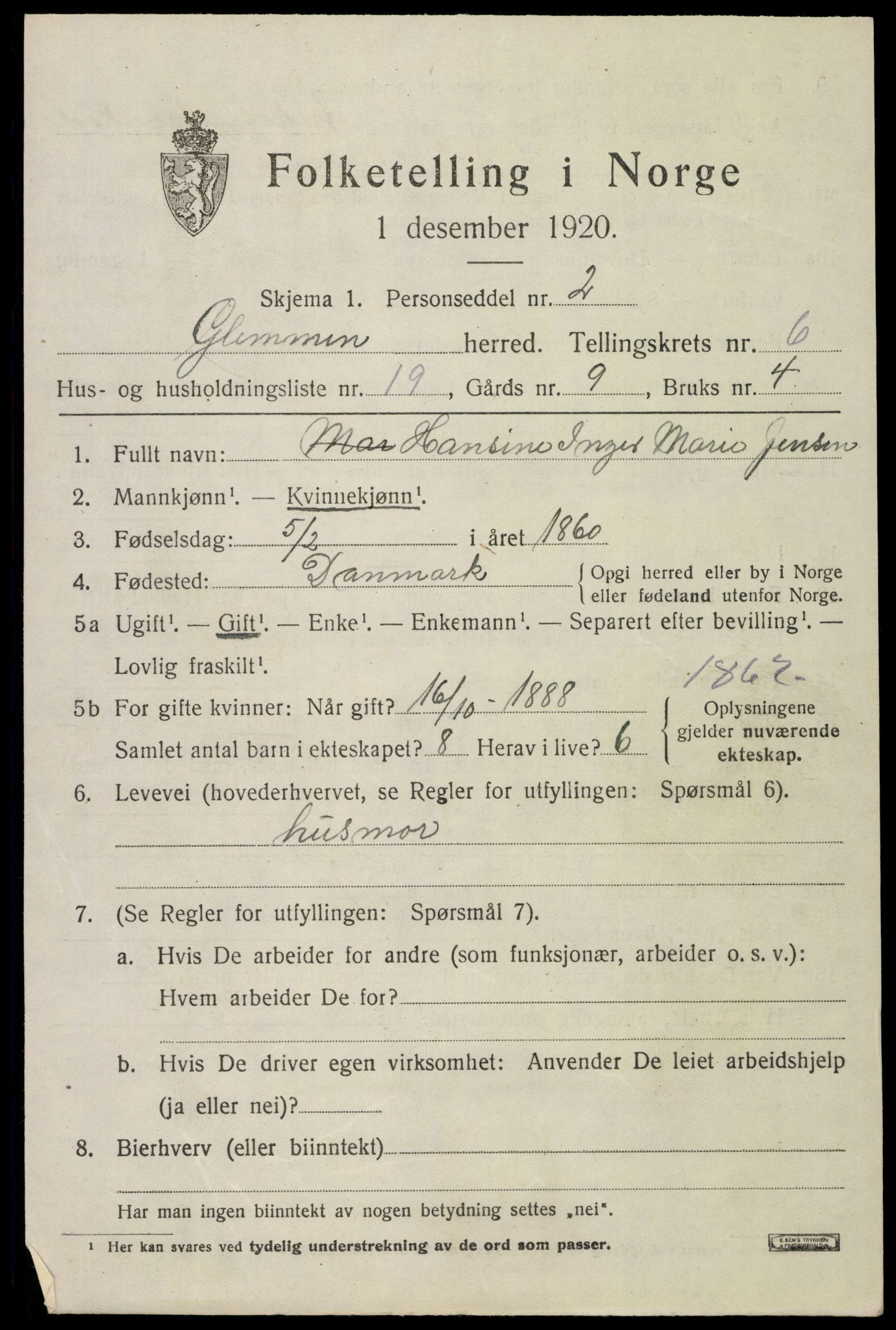 SAO, 1920 census for Glemmen, 1920, p. 18847