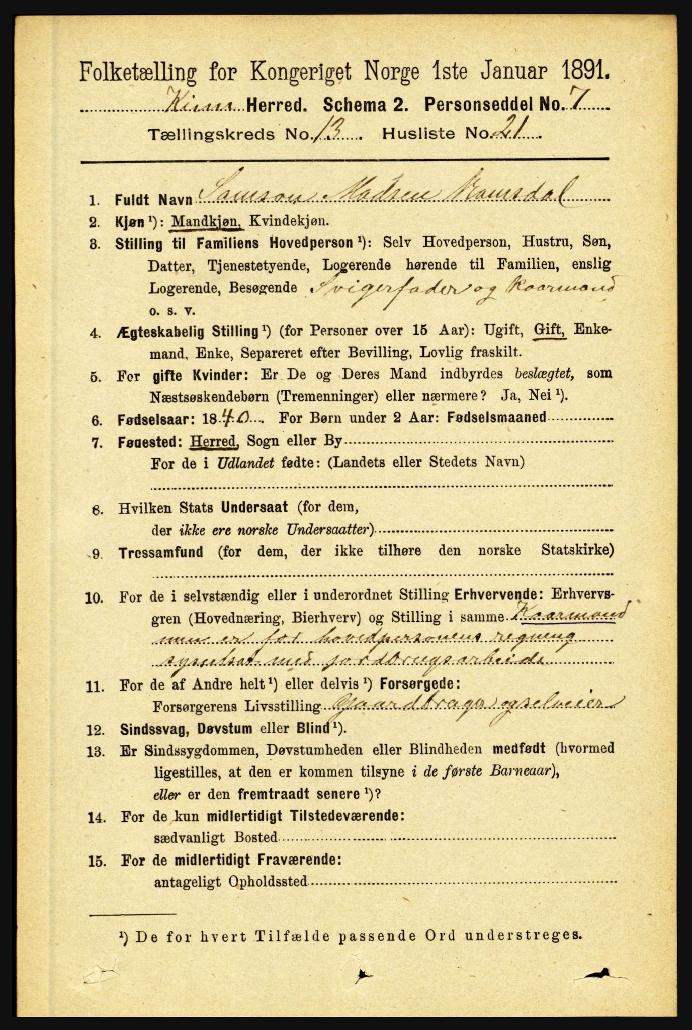 RA, 1891 census for 1437 Kinn, 1891, p. 5211
