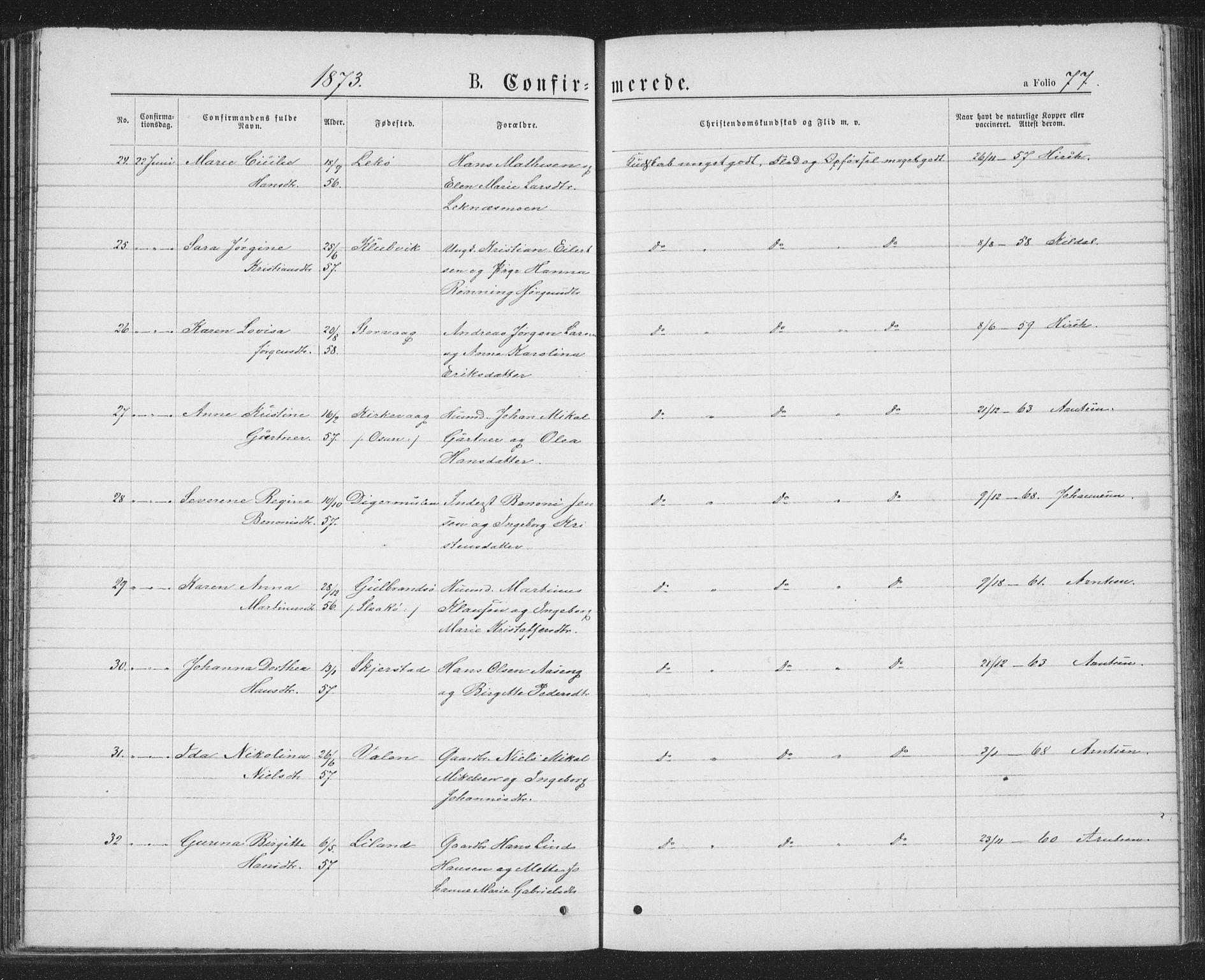 Ministerialprotokoller, klokkerbøker og fødselsregistre - Nordland, AV/SAT-A-1459/874/L1074: Parish register (copy) no. 874C03, 1870-1876, p. 77