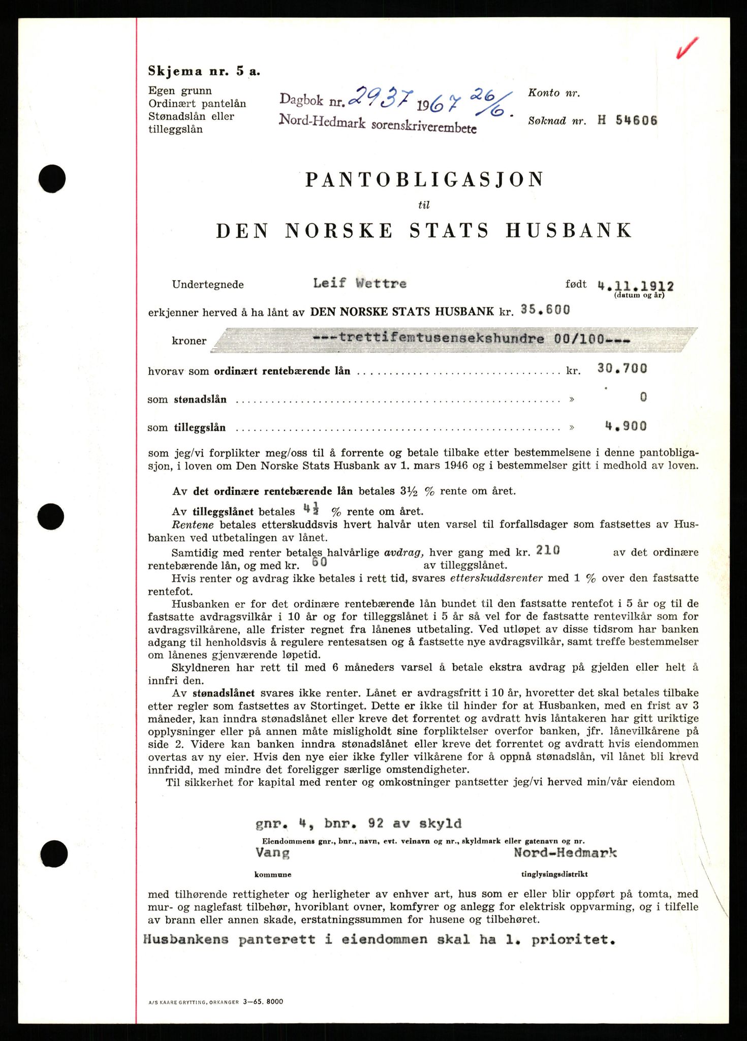 Nord-Hedmark sorenskriveri, SAH/TING-012/H/Hb/Hbf/L0071: Mortgage book no. B71, 1967-1967, Diary no: : 2937/1967