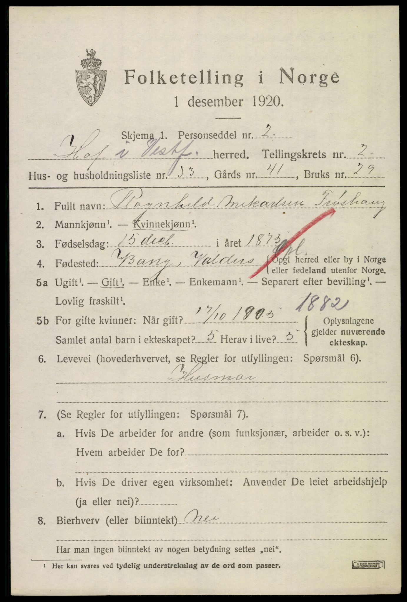 SAKO, 1920 census for Hof, 1920, p. 2735