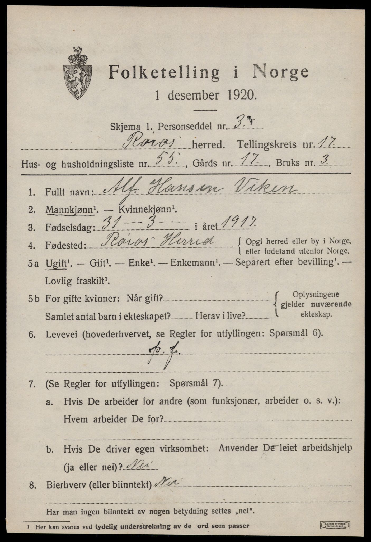 SAT, 1920 census for Røros, 1920, p. 12230