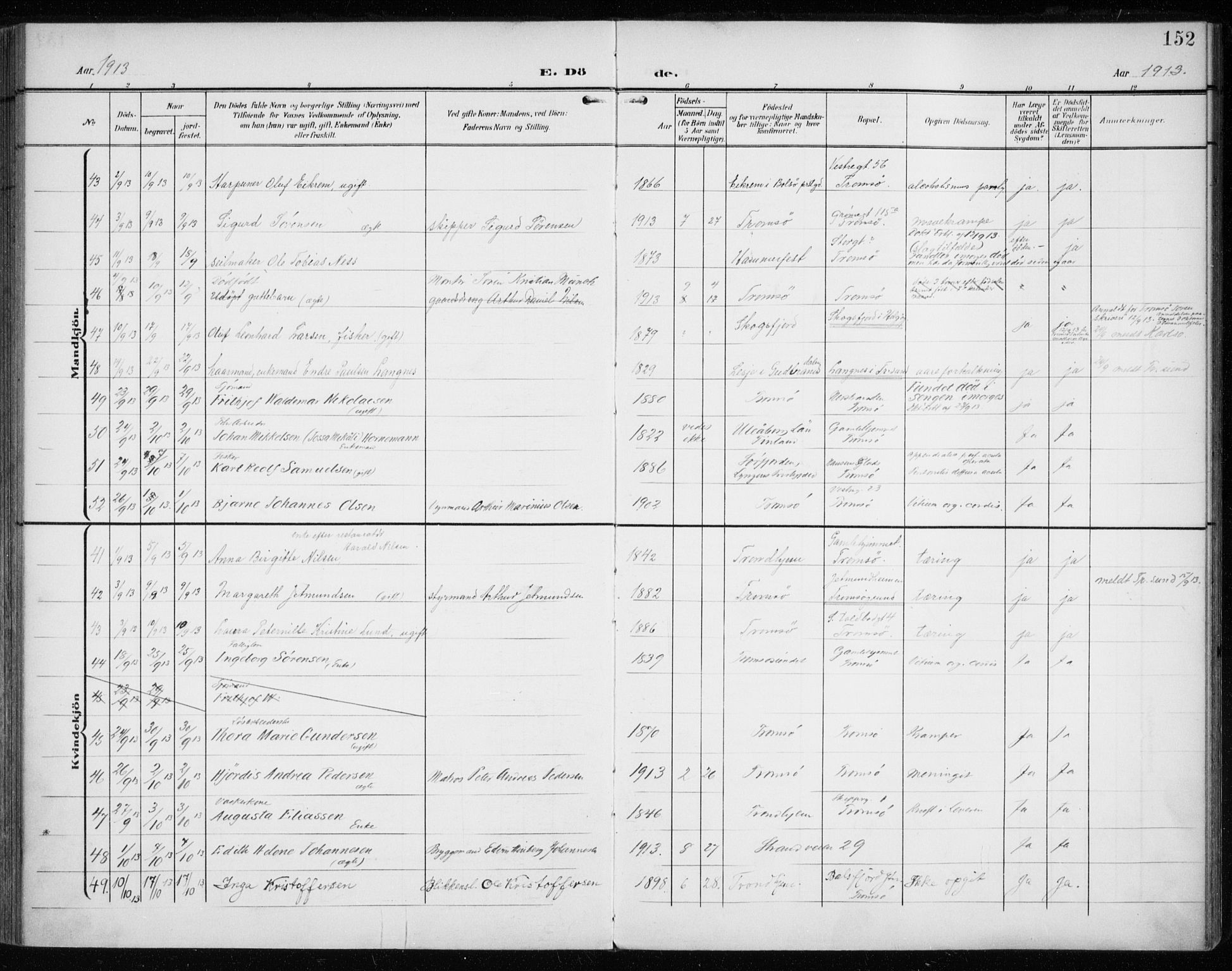 Tromsø sokneprestkontor/stiftsprosti/domprosti, AV/SATØ-S-1343/G/Ga/L0018kirke: Parish register (official) no. 18, 1907-1917, p. 152