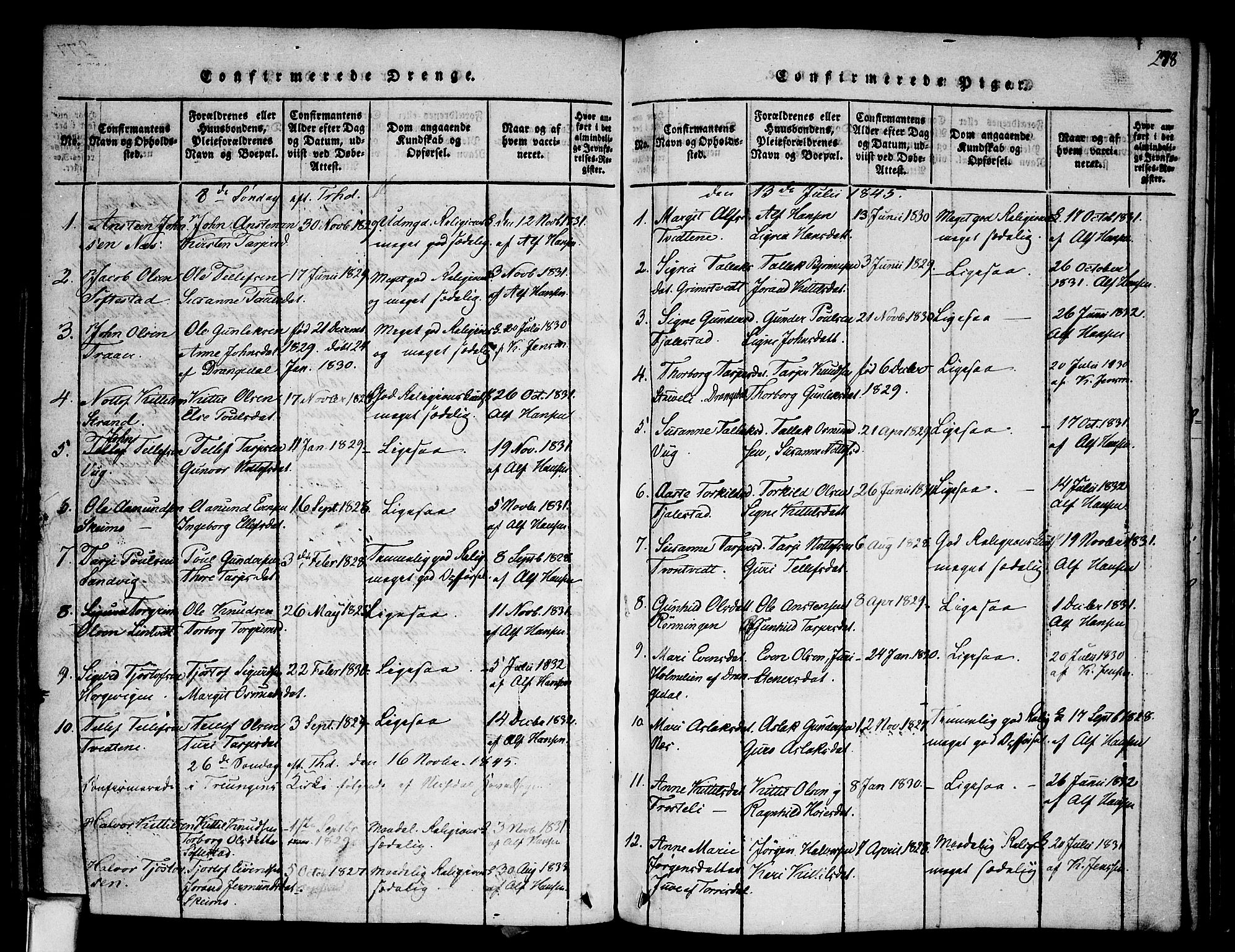 Nissedal kirkebøker, AV/SAKO-A-288/F/Fa/L0002: Parish register (official) no. I 2, 1814-1845, p. 278