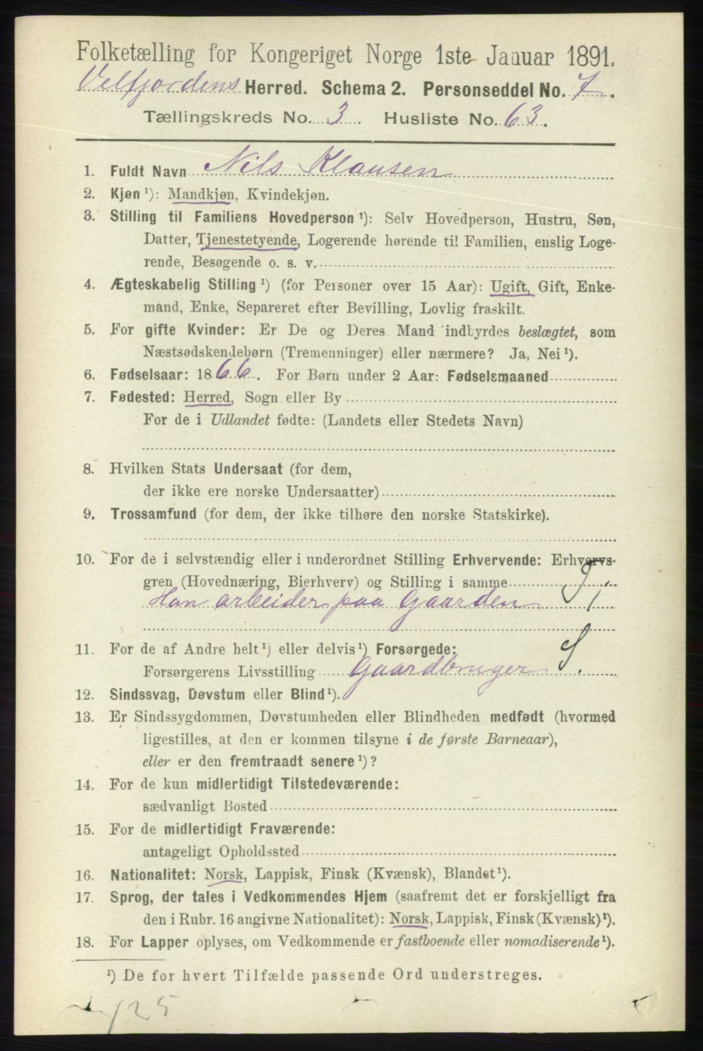 RA, 1891 census for 1813 Velfjord, 1891, p. 1457